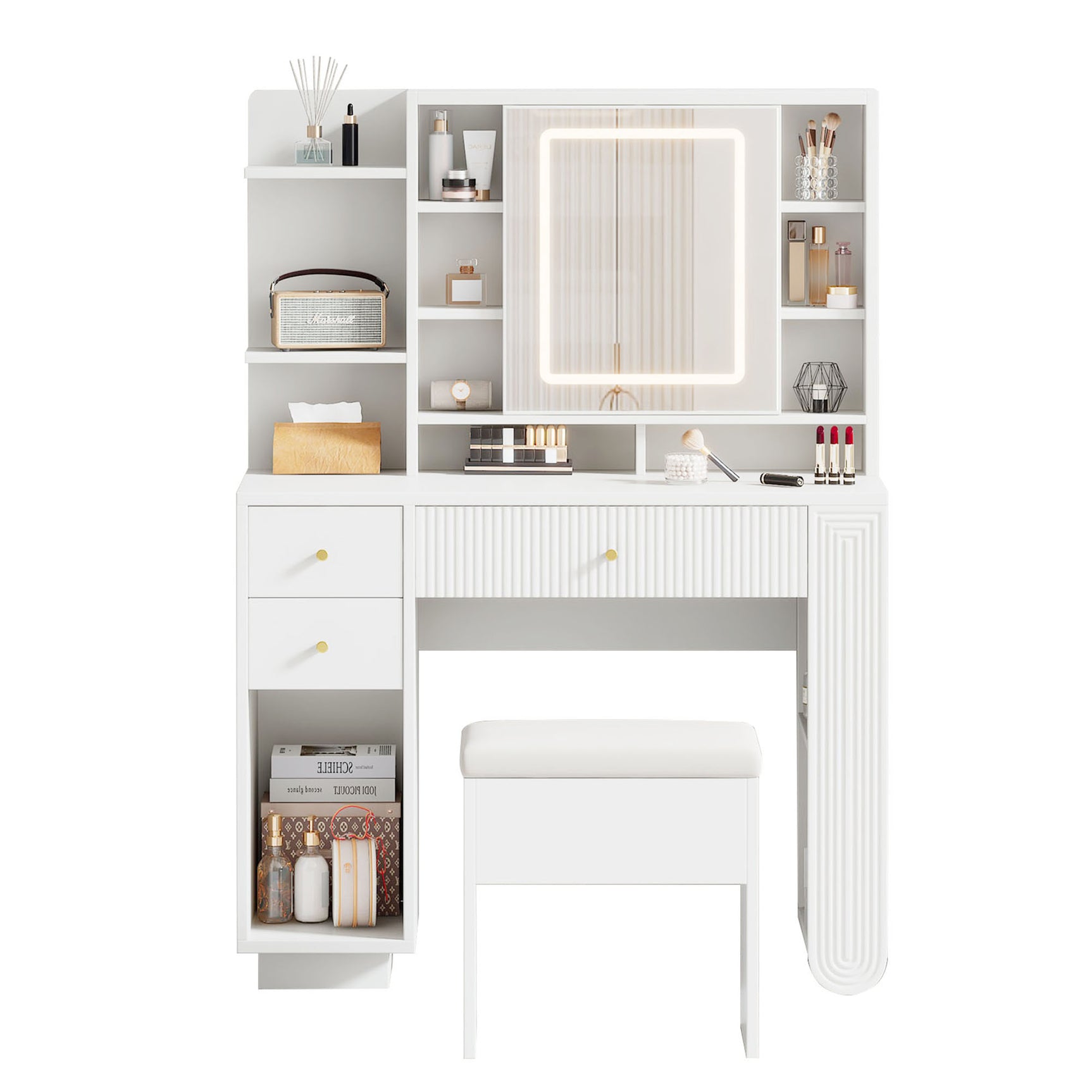 Coiffeuse moderne avec miroir éclairé & tabouret – Table de maquillage avec éclairage réglable, tiroirs & rangements ouverts