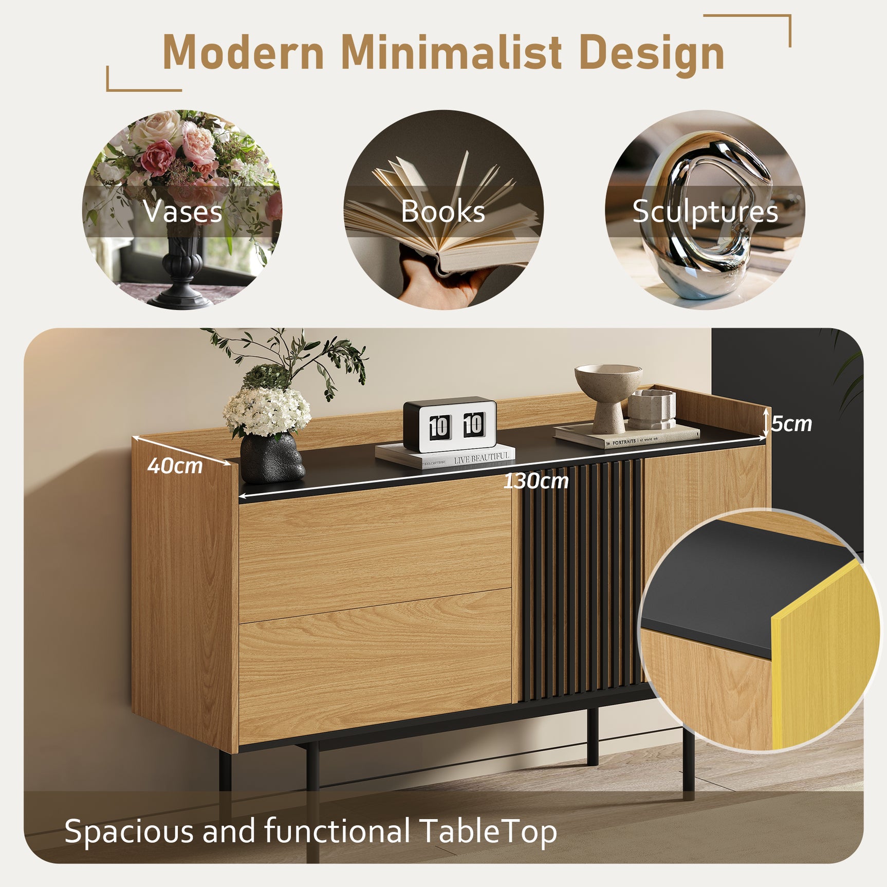 Modernes minimalistisches Buffet 130 cm mit 2 Schubladen, Türen und verstellbares Regal, schwarzes Tablett und Eichendekor, schwarze Metallfüße