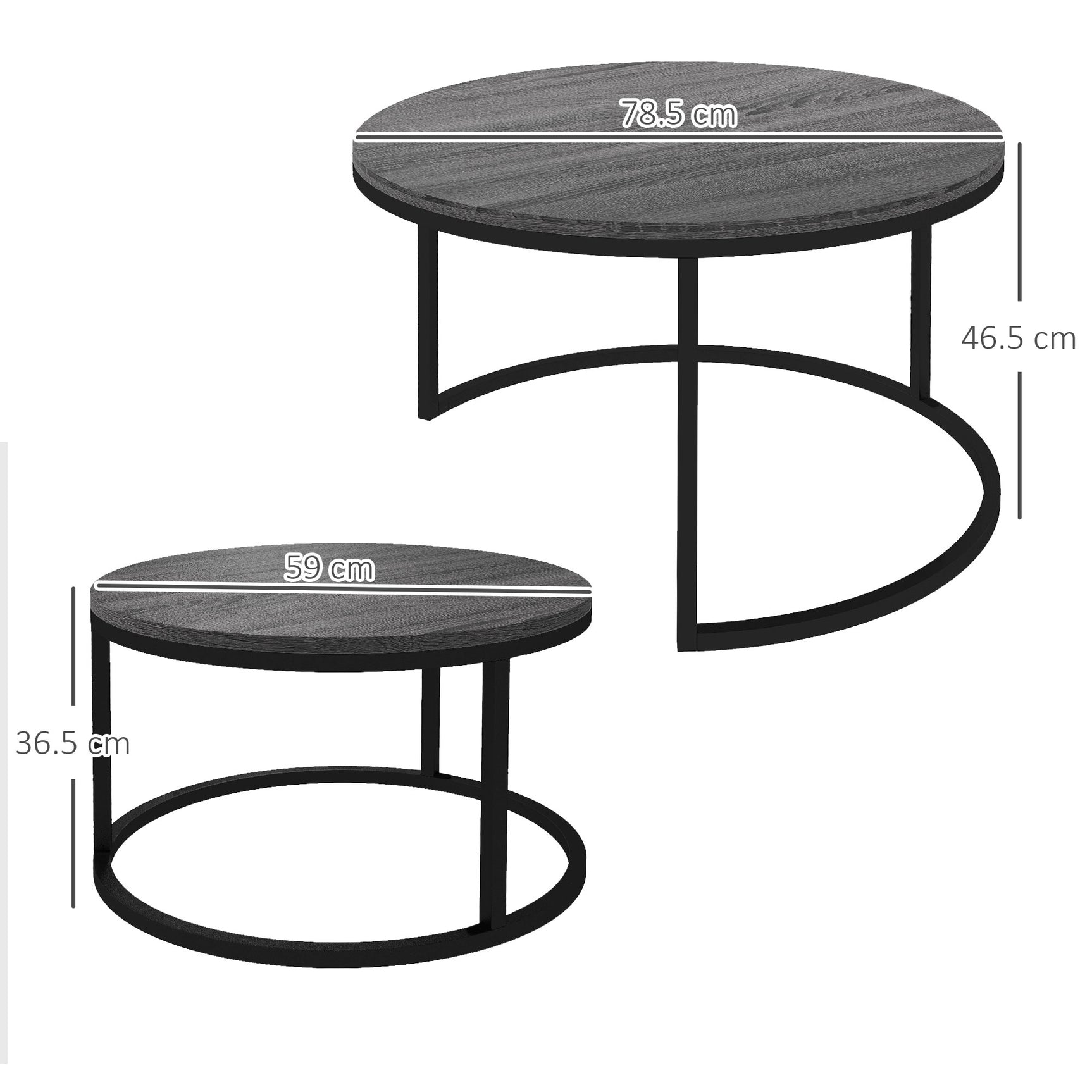 Lot de 2 tables basses rondes empilables avec plateau effet bois et structure en métal noir