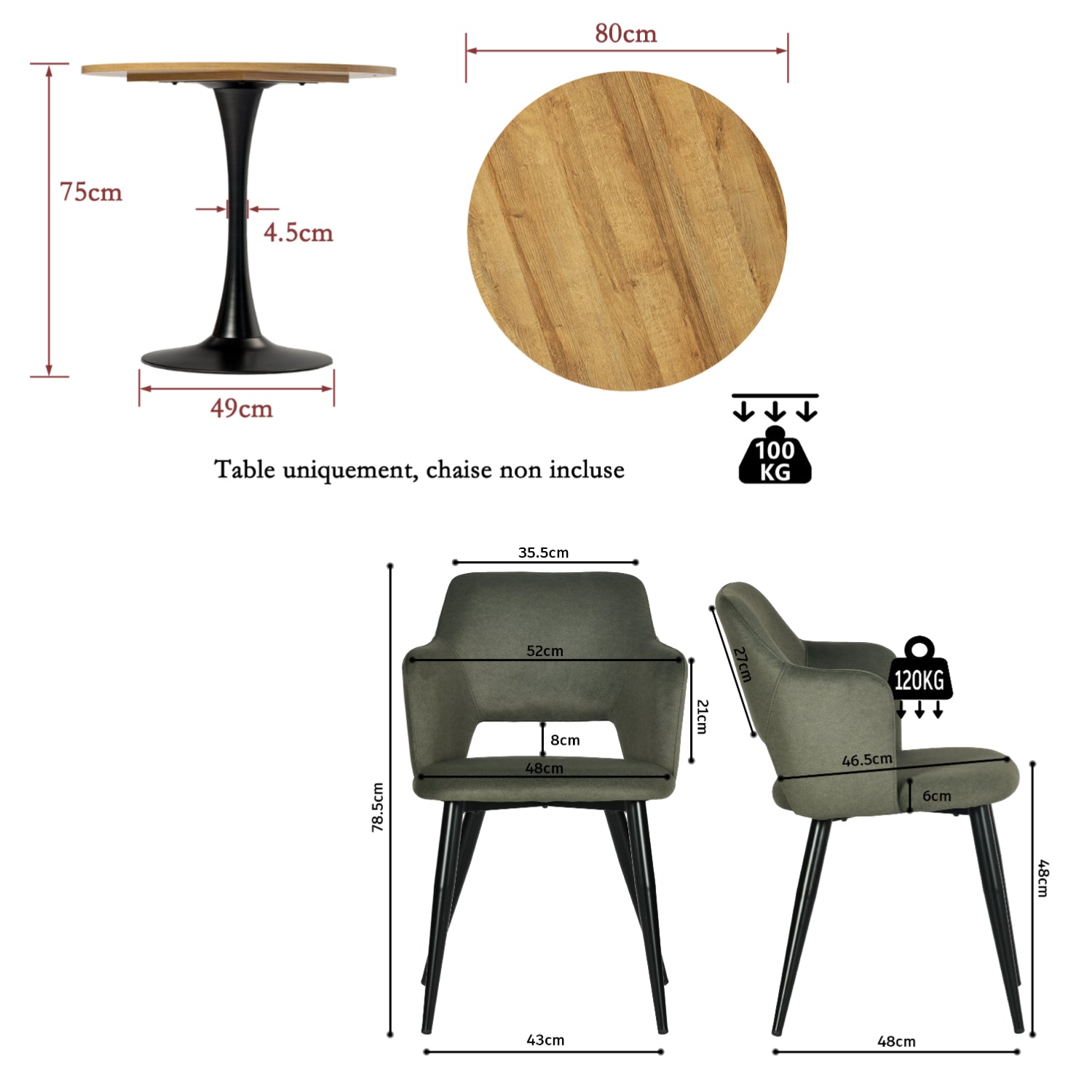 Ensemble de salle à manger de style scandinave composé d'une table ronde en chêne et de 2 fauteuils en tissu vert