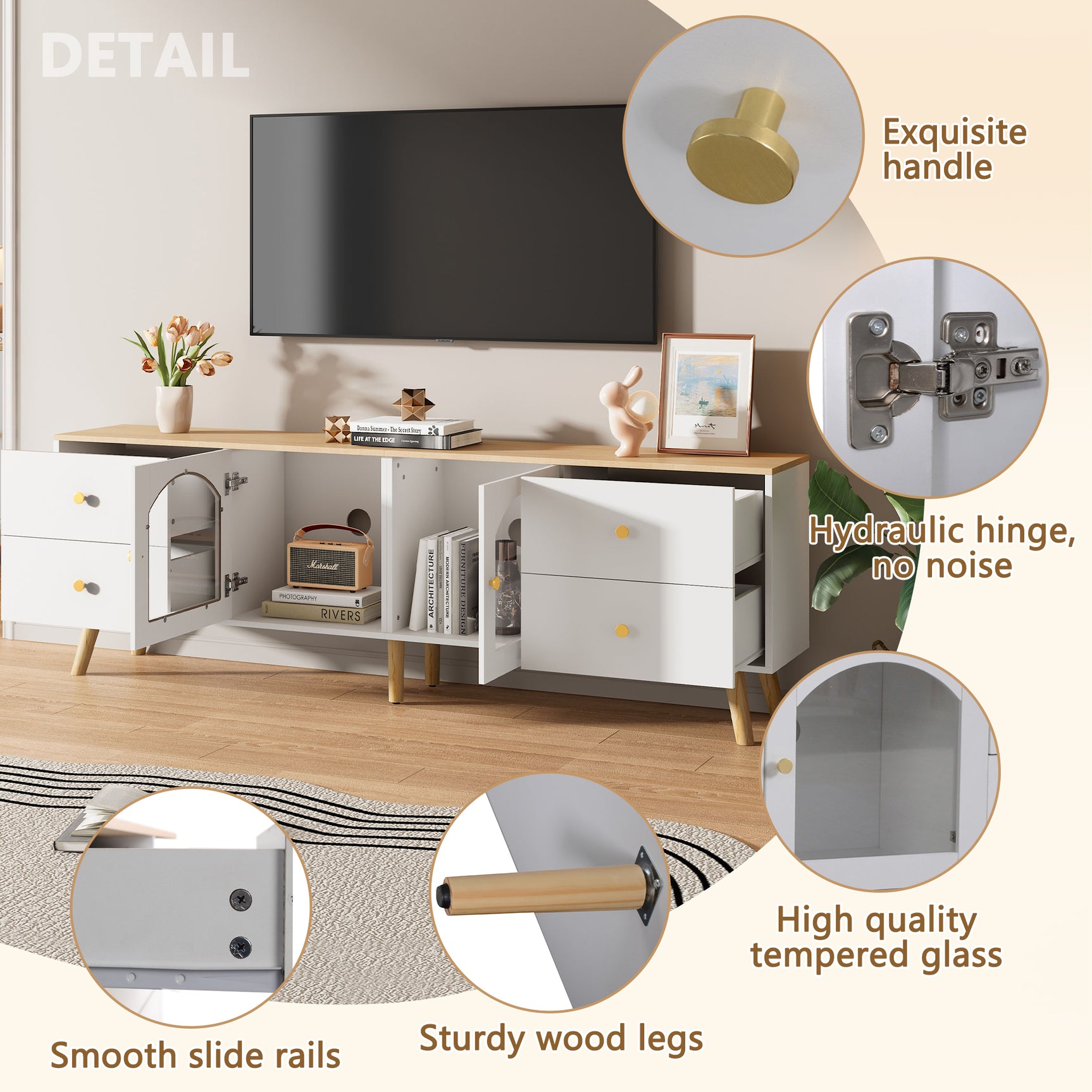 TV-Schrank mit 4 Schubladen und 2 Türen aus gehärtetem Glas, modernes Design in Weiß und Naturholz