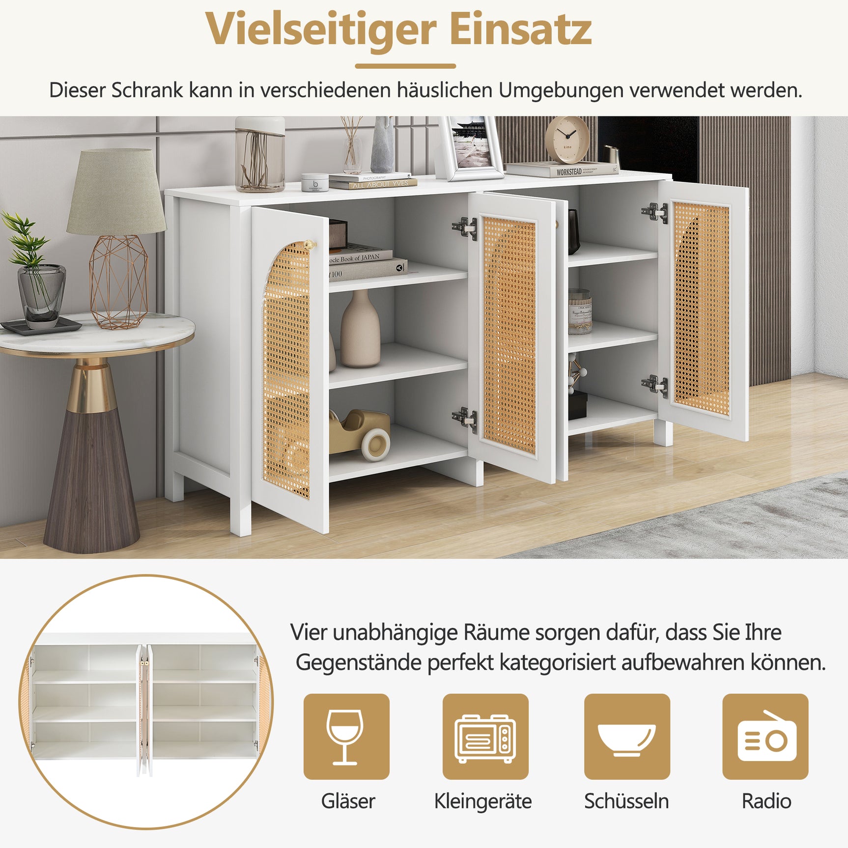 Buffet moderne blanc en MDF avec 4 portes en rotin PE et poignées en métal