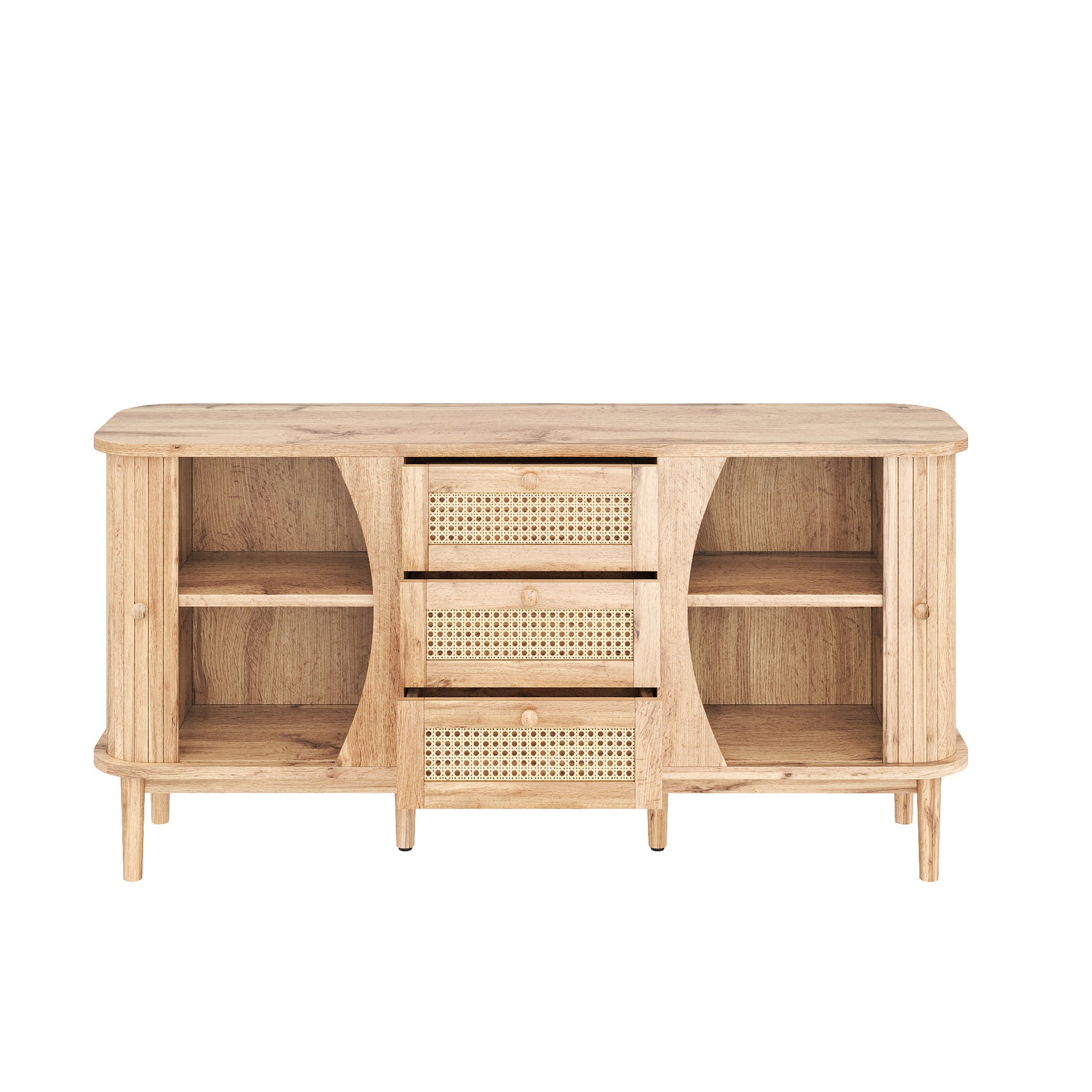 Buffet en bois avec portes coulissantes en cannage, 3 tiroirs et étagères réglables, plateau arrondi