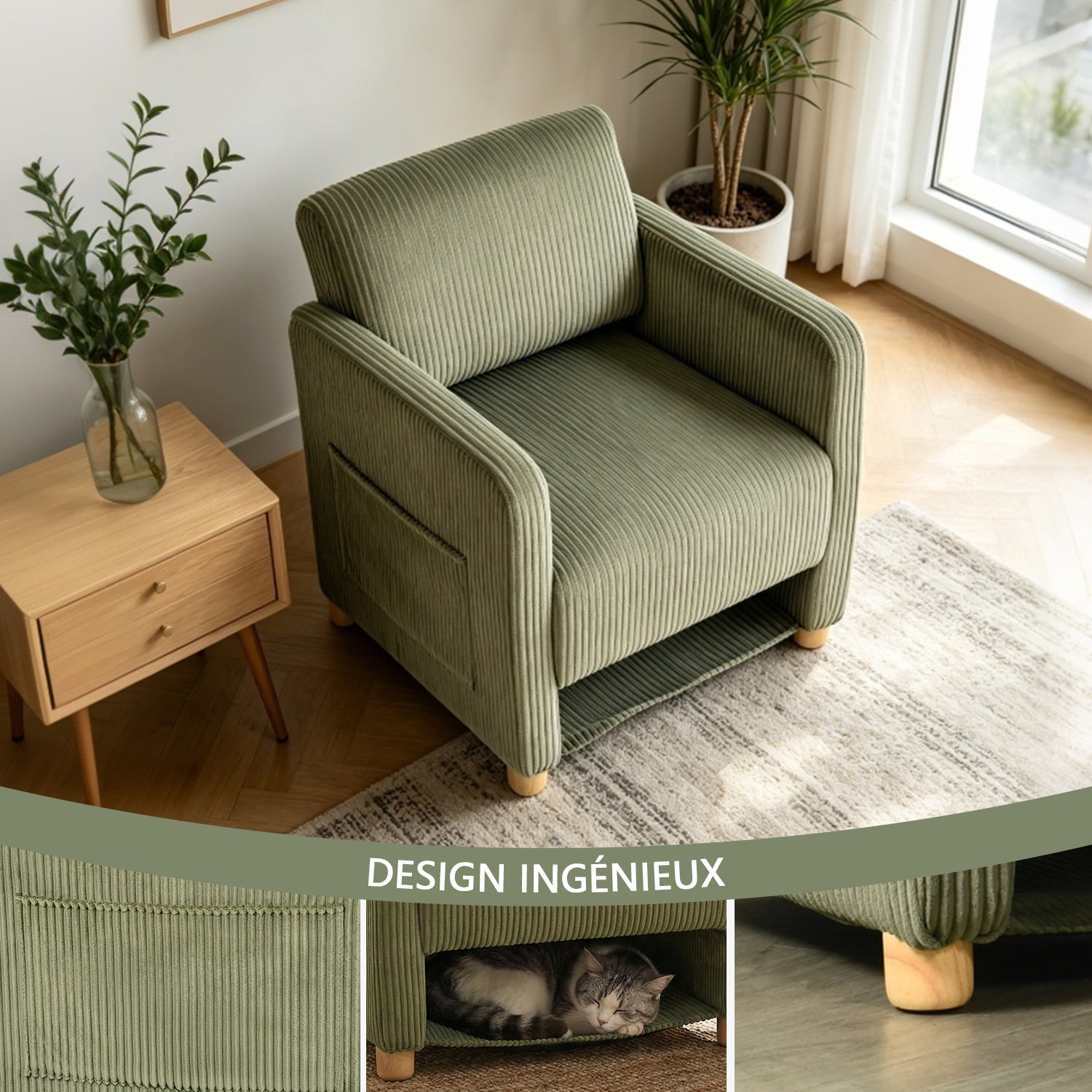 Lot de 2 fauteuil de détente 1 place canapé pour salon, fauteuil avec emballage en velours côtelé vert&beige - KARIA