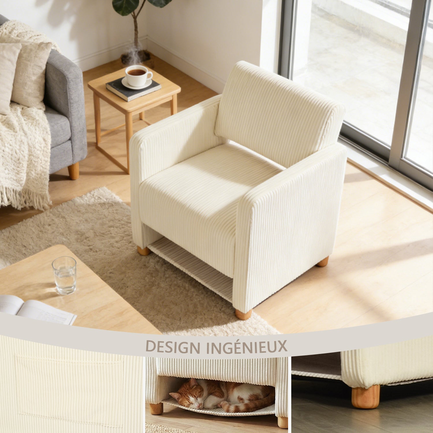 Lot de 2 fauteuil de détente 1 place canapé pour salon, fauteuil avec emballage en velours côtelé beige - KARIA