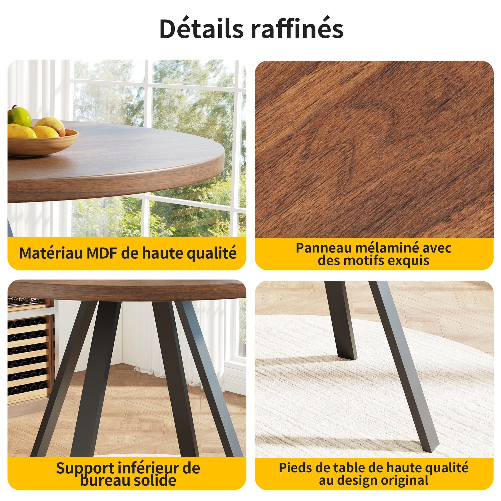 Runder Tisch in Walnussoptik Ø80 cm mit 4 schwarzen Samtstühlen, moderner und komfortabler Stil