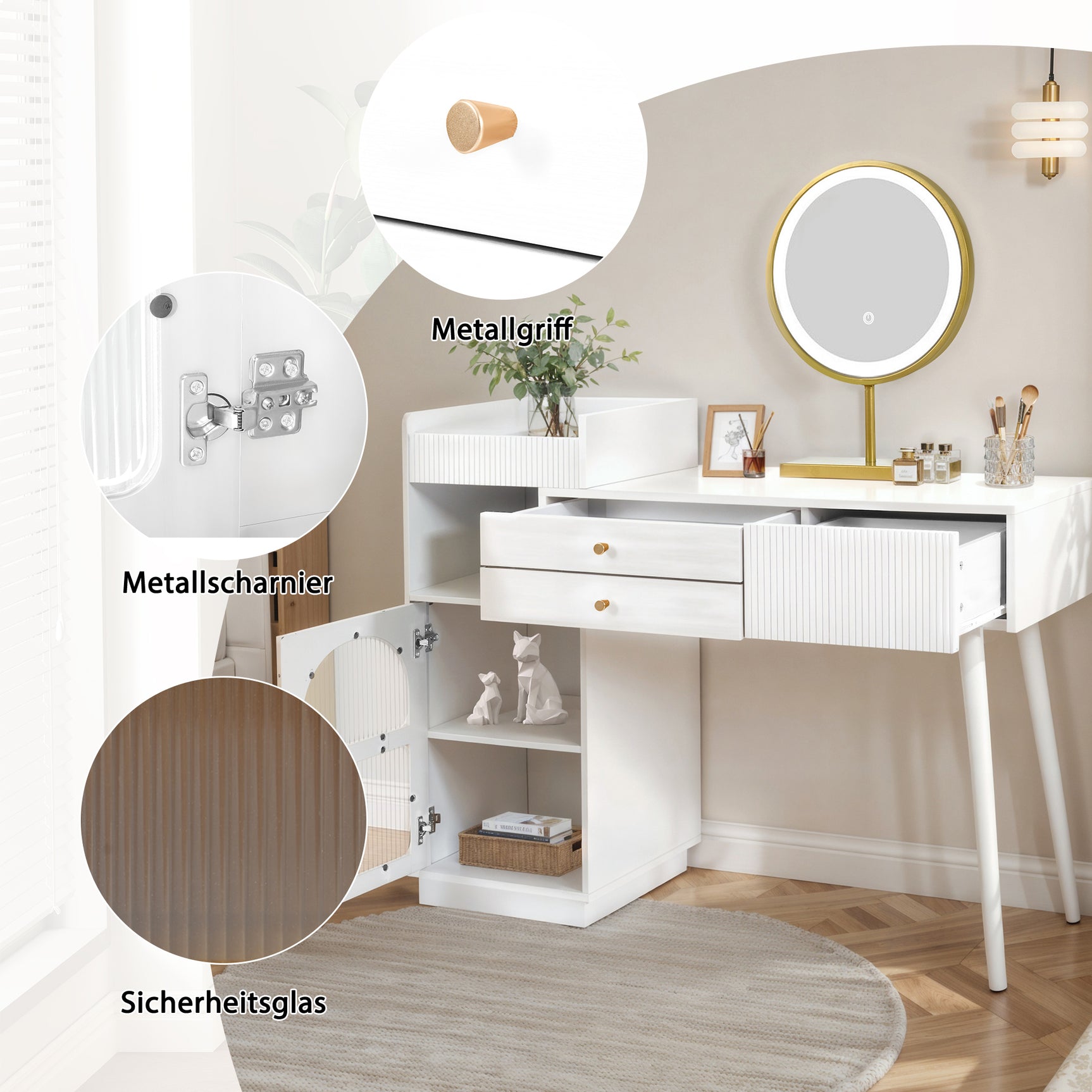 Coiffeuse avec miroir LED 3 couleurs, table de maquillage en bois avec 3 tiroirs et armoire latérale, design extensible