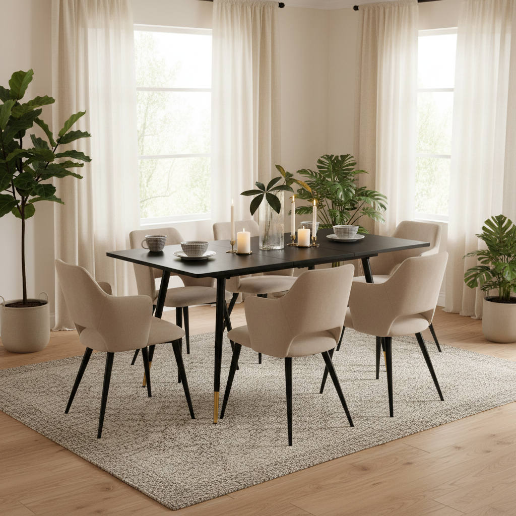 Ensemble de salle à manger comprenant une table extensible et 6 fauteuils avec accoudoirs en tissu beige