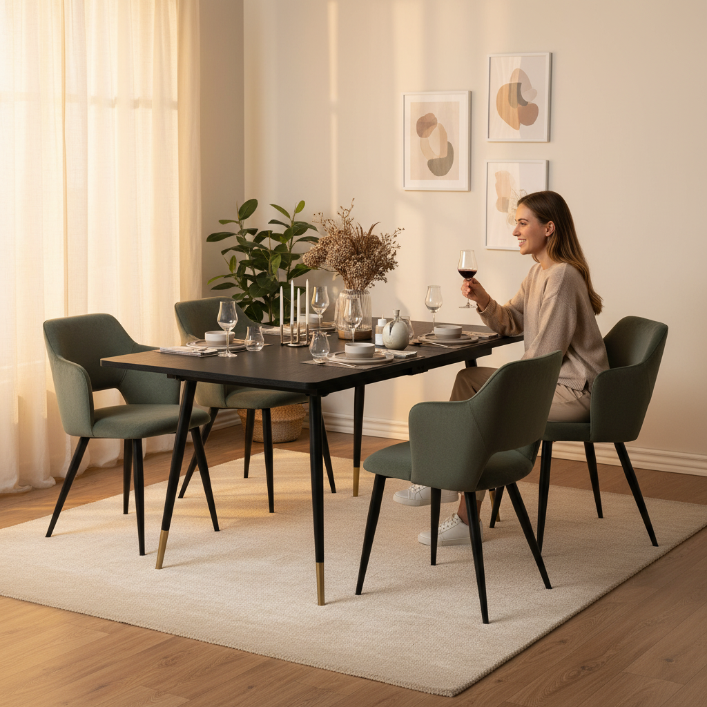 Round Table Table Table Table Timber Ø80 cm with 4 black velvet chairs, modern and comfortable style