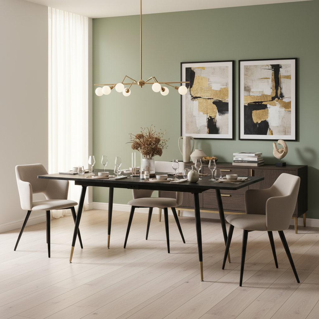 Ensemble de salle à manger comprenant une table extensible et 4 fauteuils avec accoudoirs en tissu beige