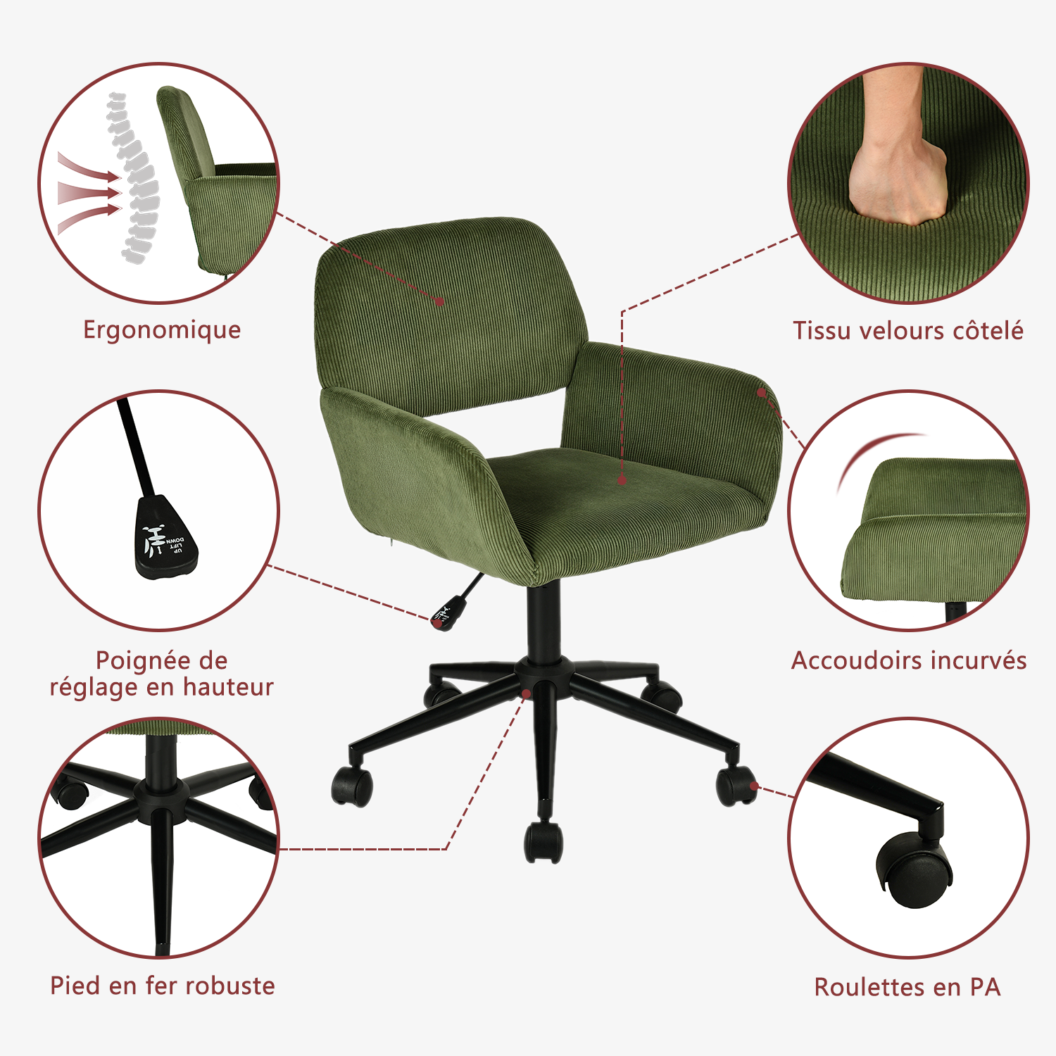 Ensemble bureau pliable en métal noir et fauteuil de bureau en velours côtelé vert olive ââ‚?ASCOLI & ROSS