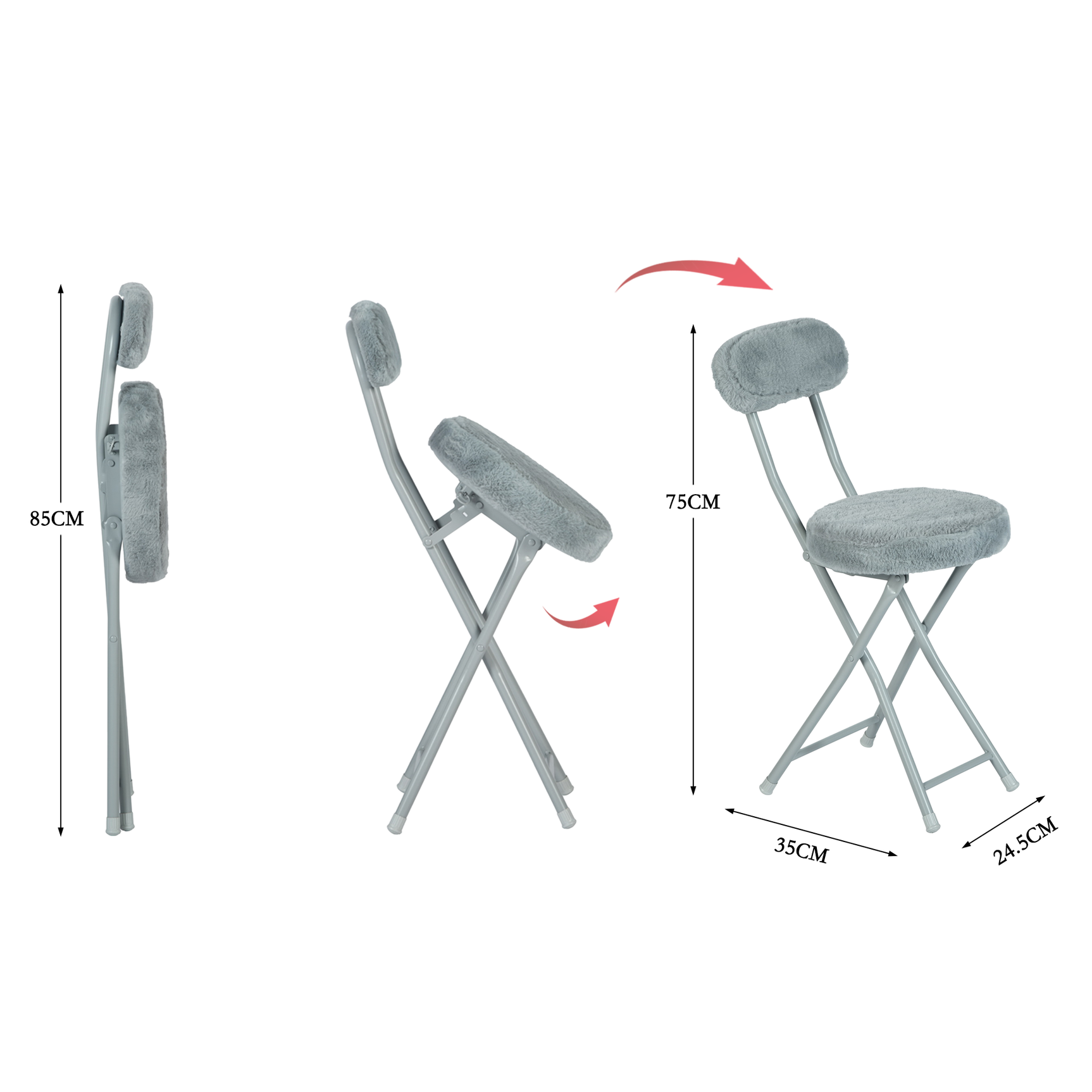 Set von 4 Klappstühlen/Stühlen, runder Sitz im Stoff Fellfell Grau - Ernst