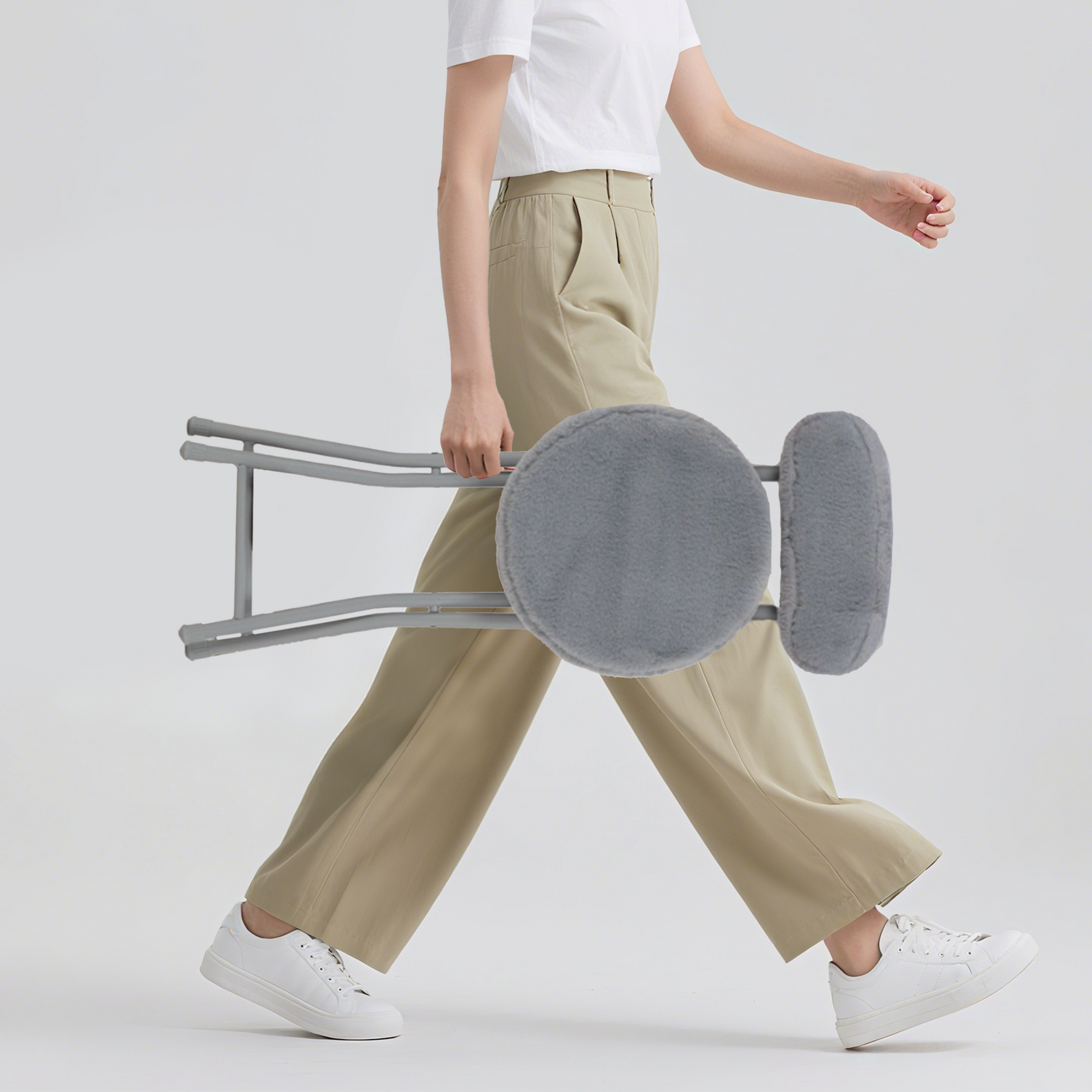 Set von 4 Klappstühlen/Stühlen, runder Sitz im Stoff Fellfell Grau - Ernst