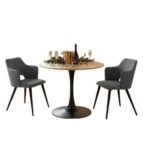 Ensemble de salle à manger composé d'une table ronde en chêne et de deux fauteuils en tissu gris, scandinave pour la salle à manger