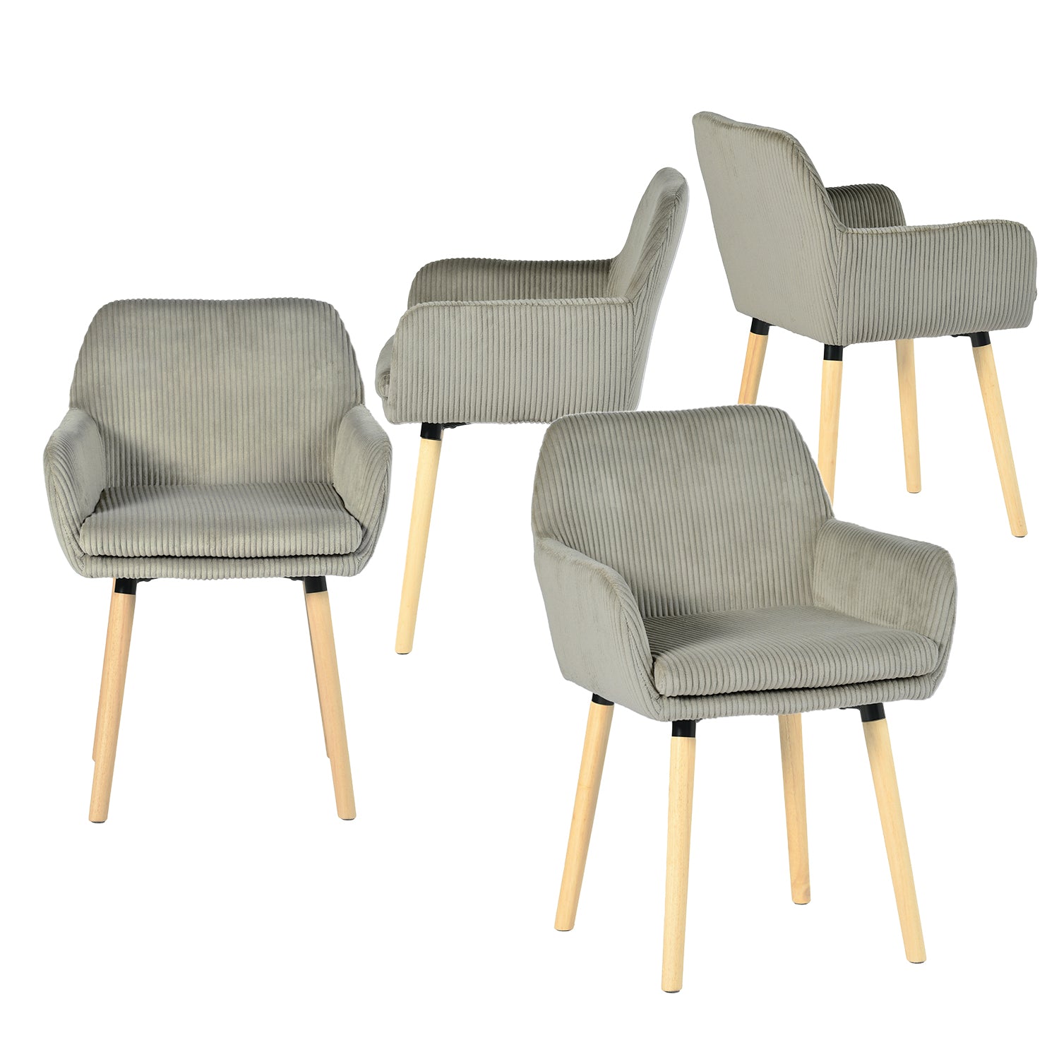 Lot de 4 chaises de salle à manger de style scandinave avec pieds en bois et accoudoirs en velours côtelé gris - ELIA