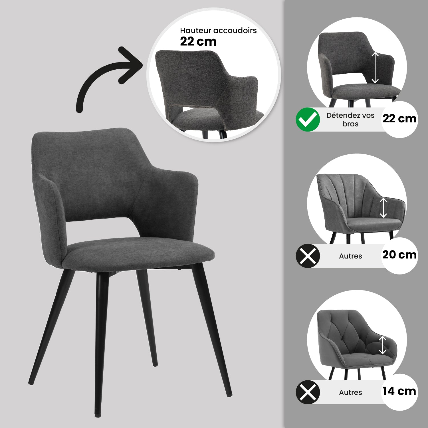 Ensemble de salle à manger composé d'une table ronde en chêne et de deux fauteuils en tissu gris, scandinave pour la salle à manger