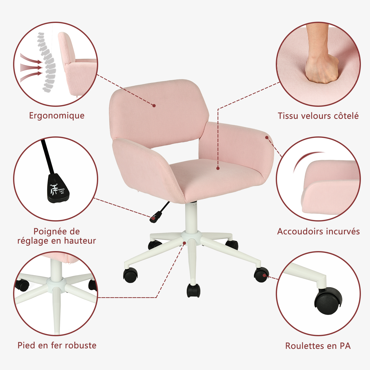Ensemble bureau pliable et fauteuil de bureau en velours côtelé rose ââ‚?ASCOLI & ROSS