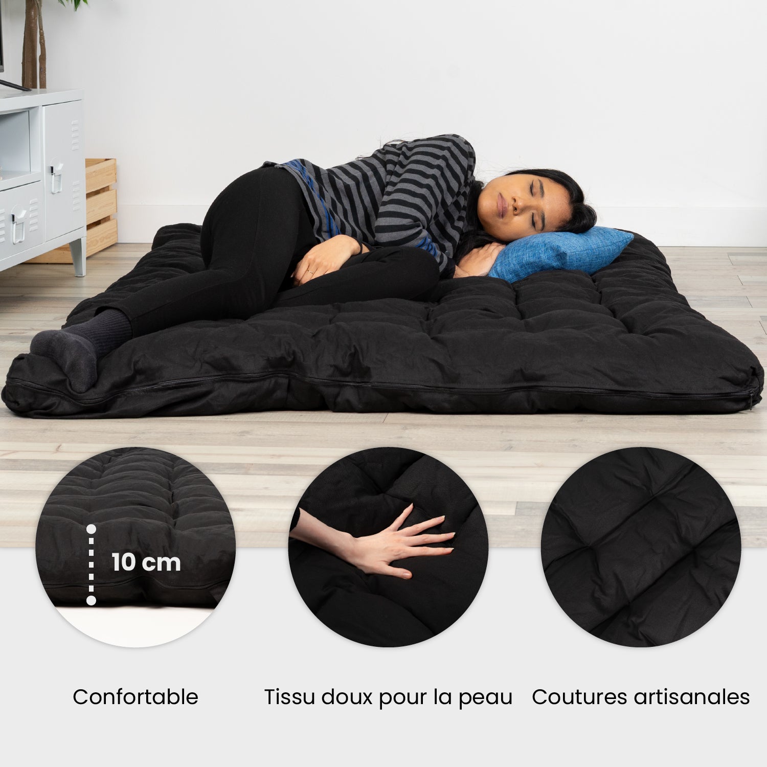Matelas futon portable pliable 2 places noir, 135x190x10cm - MICA