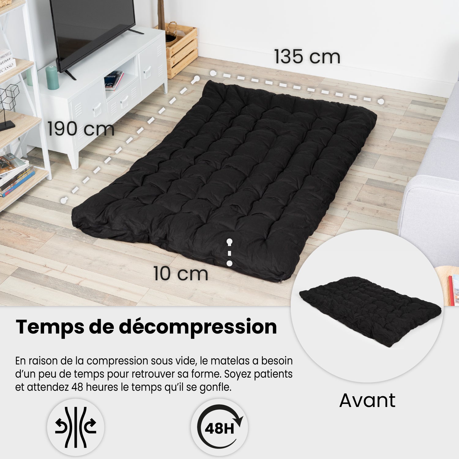 Matelas futon portable pliable 2 places noir, 135x190x10cm - MICA