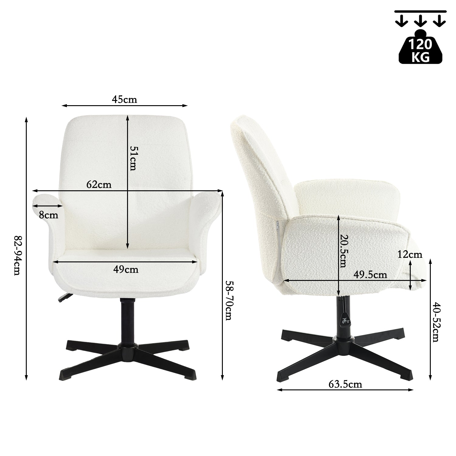 Fauteuil de bureau ergonomique réglable pivotant avec accoudoirs en tissu bouclette blanc - THOMASINA