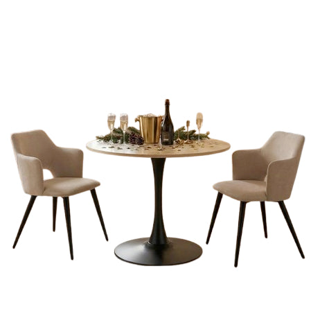 Ensemble de salle à manger composé d'une table ronde en chêne et de deux fauteuils en tissu beige, scandinave pour la salle à manger