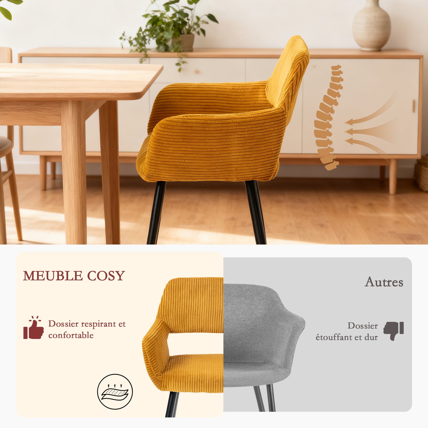 Ensemble de salle à manger de style scandinave comprenant une table ronde en chêne et 2 chaises en velours côtelé jaune