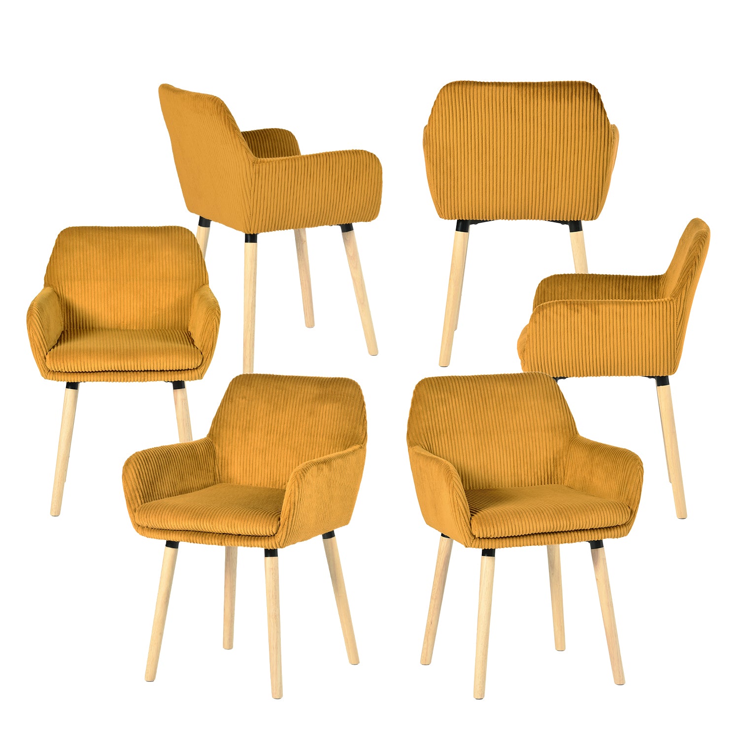 Lot de 6 chaises de salle à manger de style scandinave avec pieds en bois et accoudoirs en velours côtelé jaune - ELIA