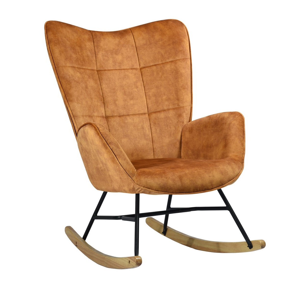 Fauteuil à bascule allaitement scandinave avec accoudoirs en velours moutarde à surpiqûres - KELAN