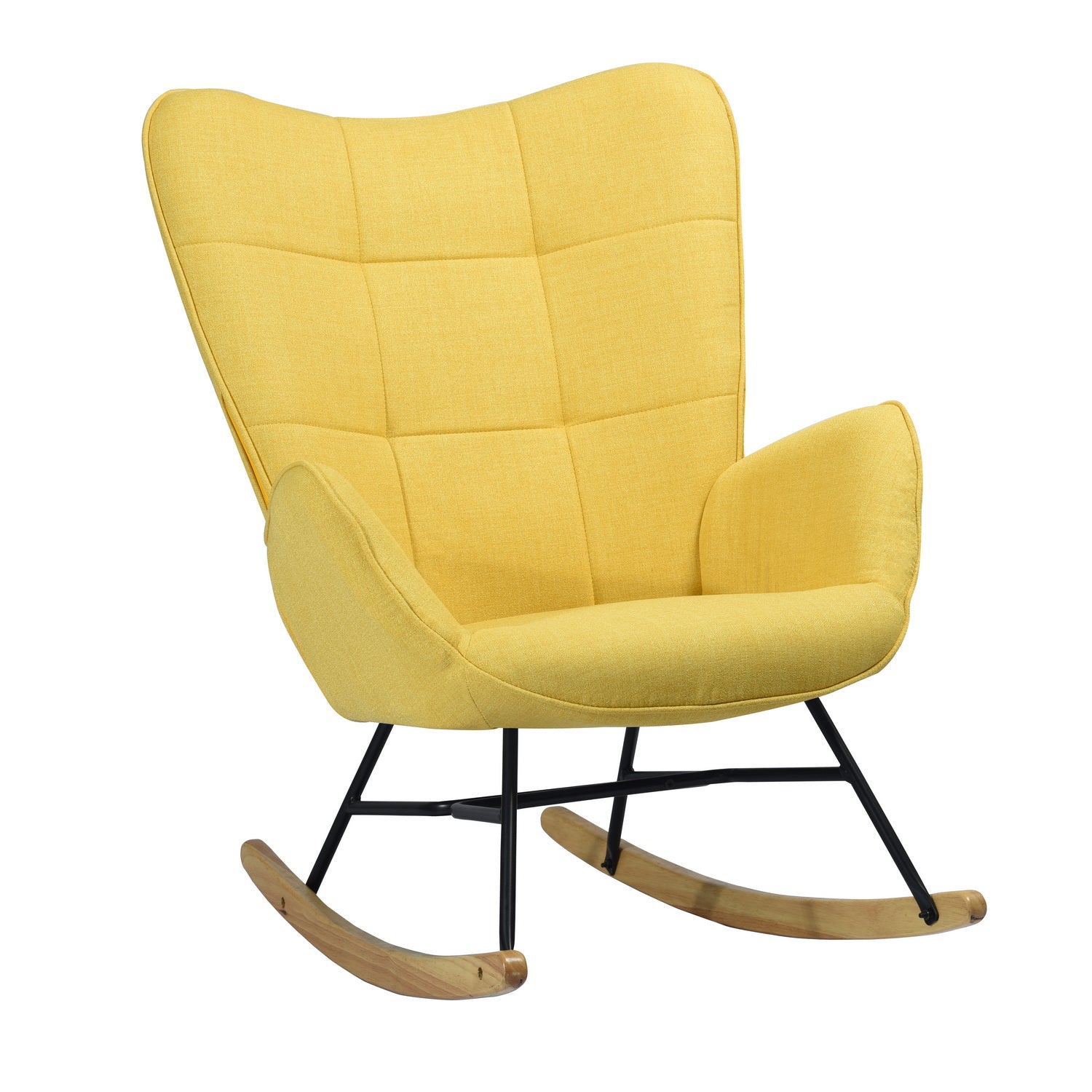 Fauteuil à bascule allaitement scandinave avec accoudoirs en tissu jaune à surpiqûres - KELAN