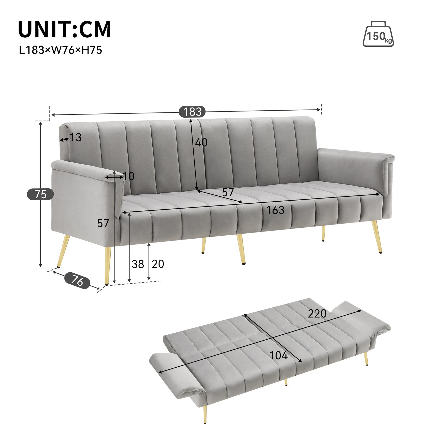 Sofa-lit pliant moderne en velours 183x76x75 cm – Réglable en 5 angles, pieds métalliques, idéal pour salon et chambre d’invités
