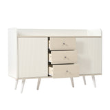 Modern white and wood buffet with 3 drawers and sliding doors with slats