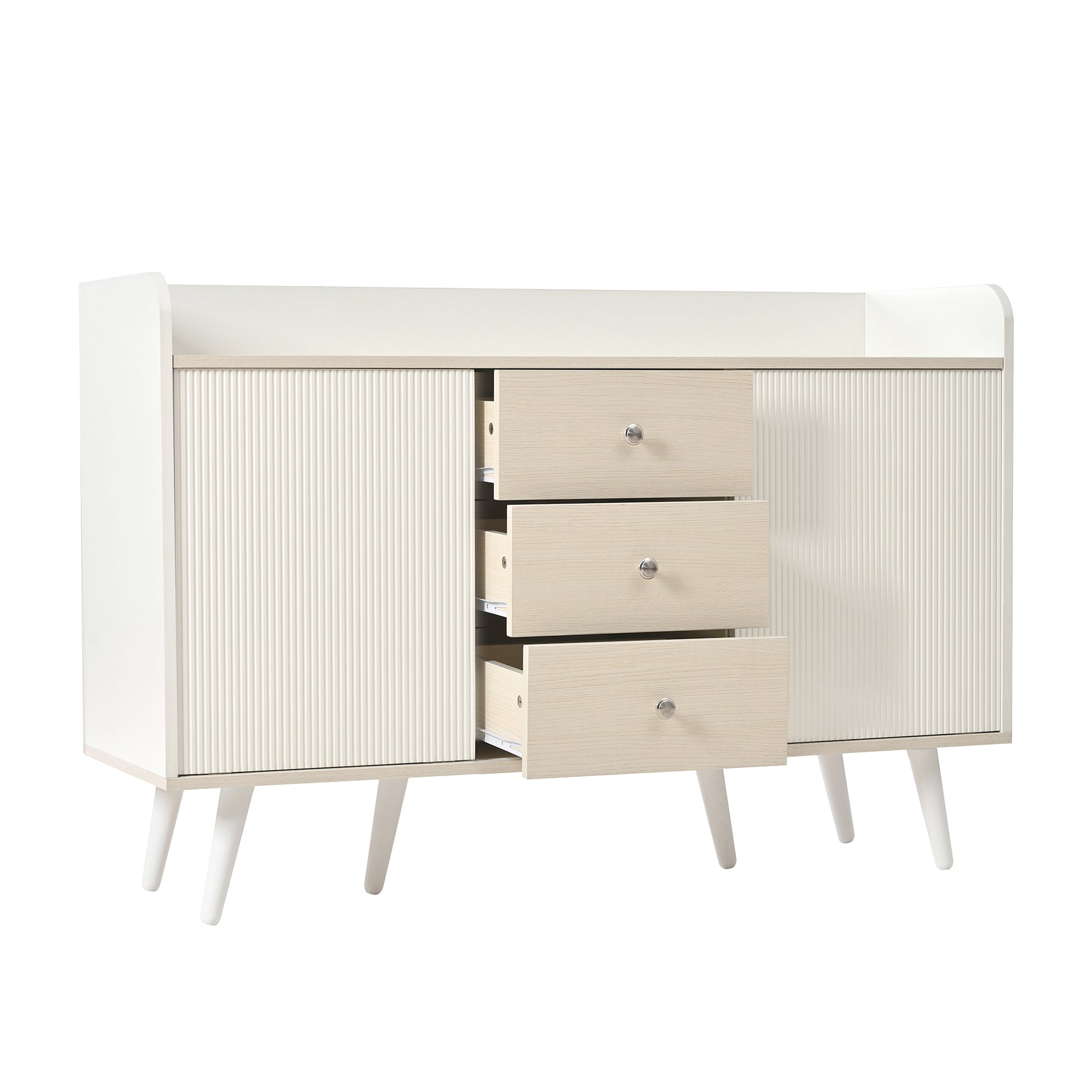 Modern white and wood buffet with 3 drawers and sliding doors with slats