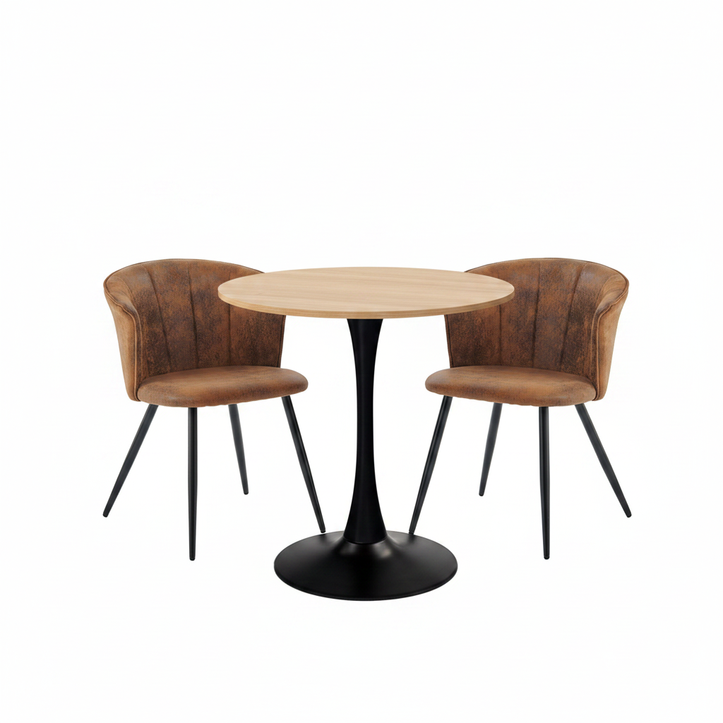 Ensemble de salle à manger de style vintage composé d'une table ronde en chêne et de 2 fauteuils en suédine marron