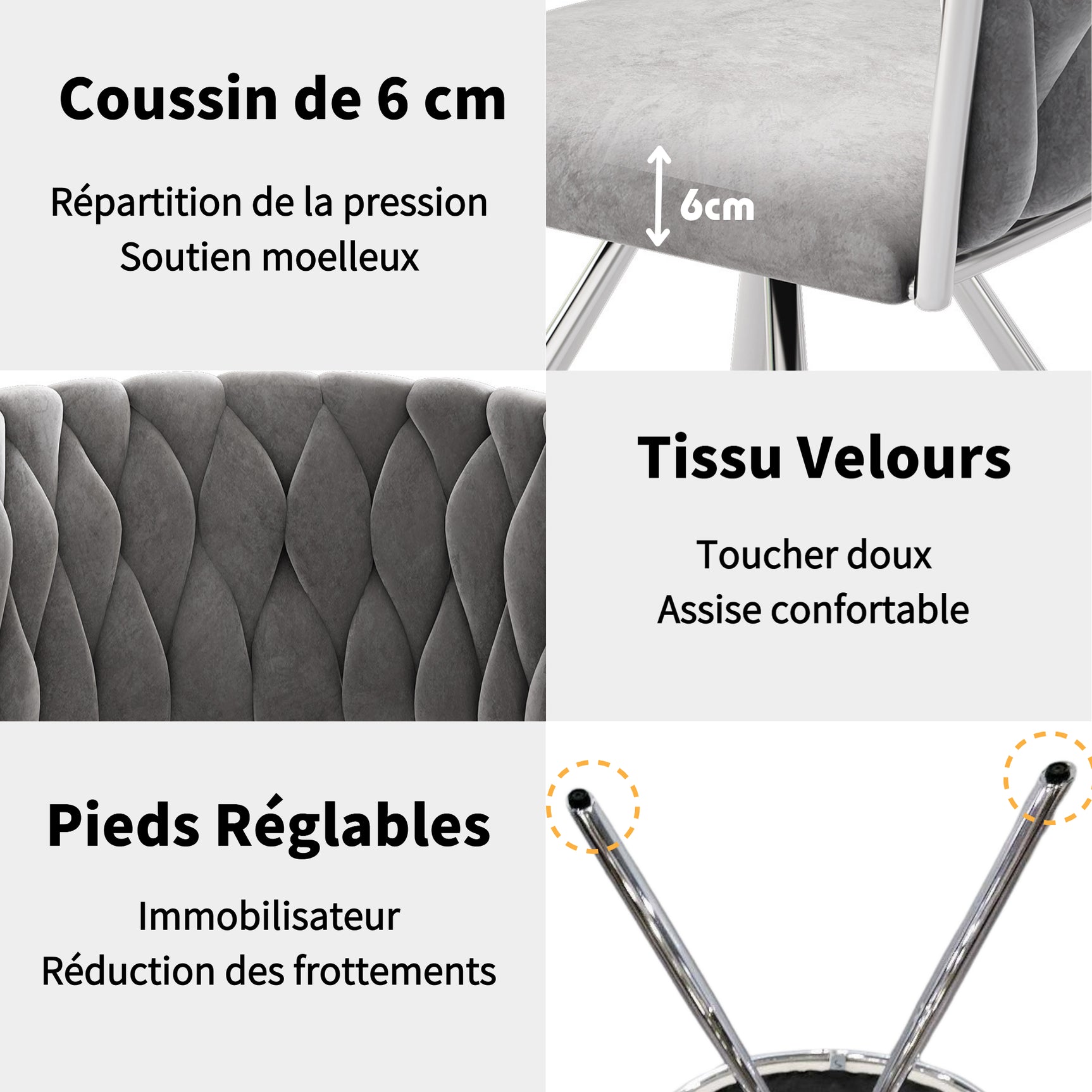 Lot de 4 chaises de salle à manger pivotantes en velours gris avec pieds en métal argenté