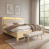 Lit double 160x200 cm en bois avec sommier, tête de lit avec LED intégrées, dossier rembourré en tissu côtelé beige et espace de rangement pratique (matelas non inclus)