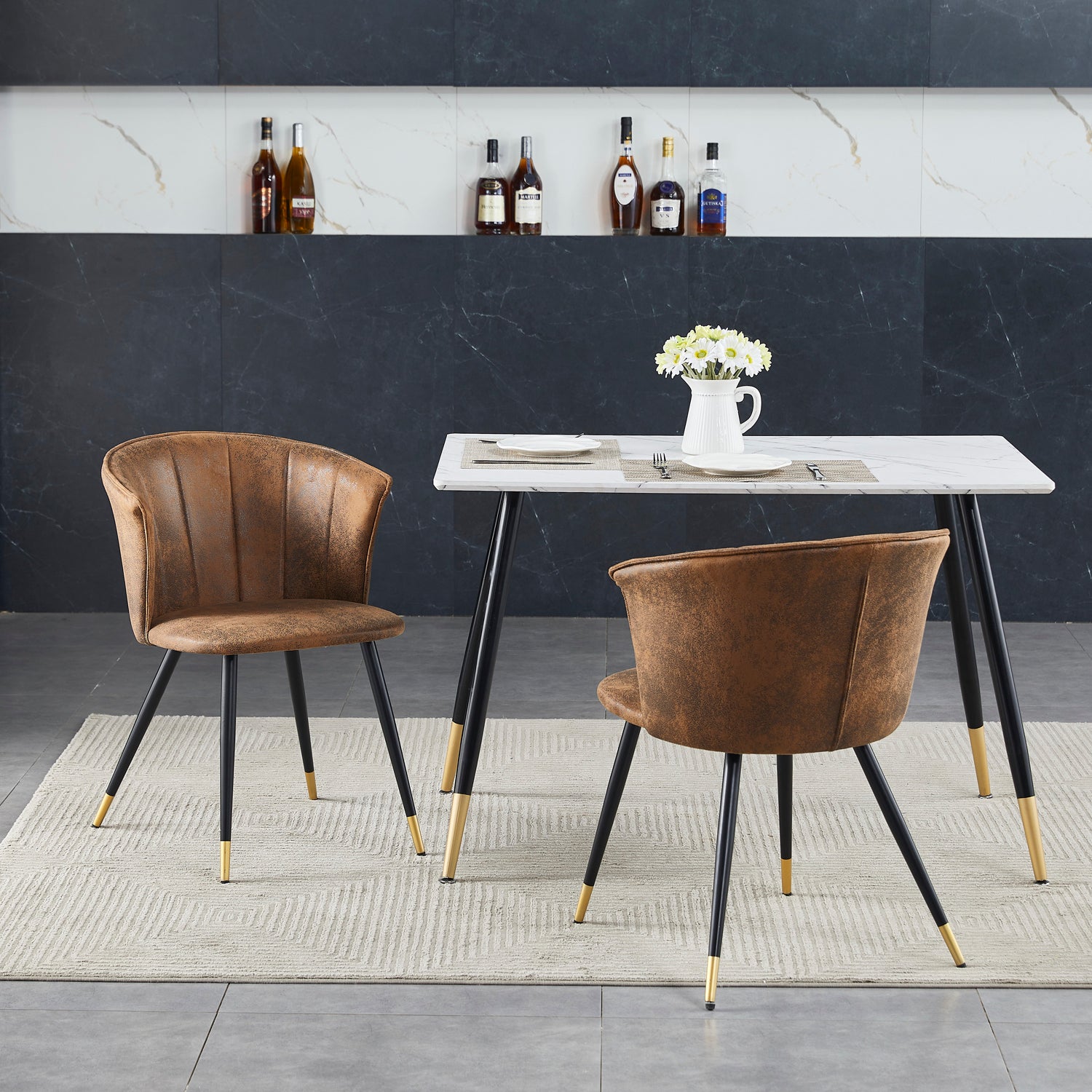 Set of 4 retro suede dining room chairs, black and gold metal legs, DONCIC SUEDE BROWN BG 4PCS