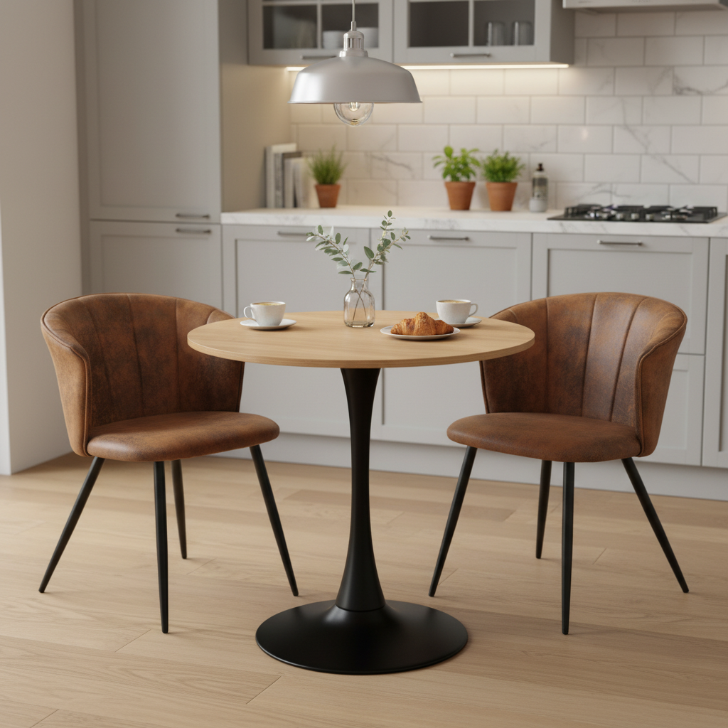 Ensemble de salle à manger de style vintage composé d'une table ronde en chêne et de 2 fauteuils en suédine marron