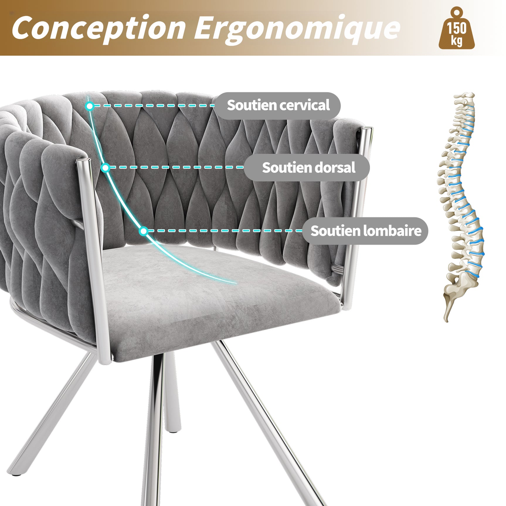 Lot de 4 chaises de salle à manger pivotantes en velours gris avec pieds en métal argenté
