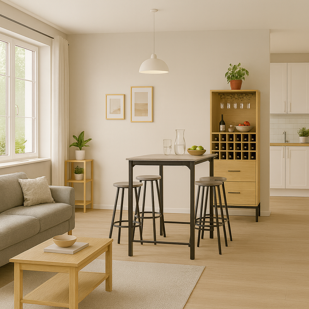 Wooden high buffet with 18 compartments, 2 integrated drawers and glas ...