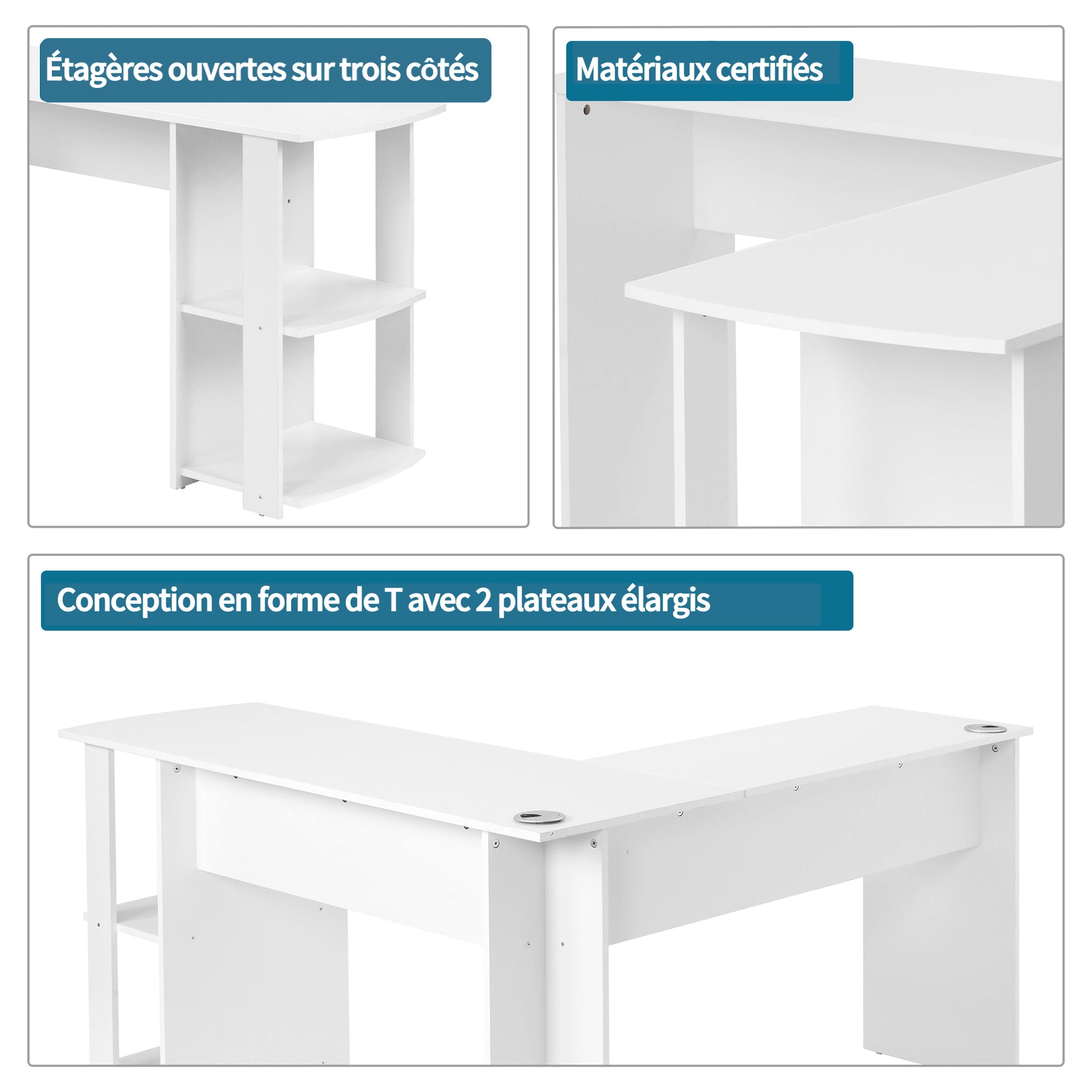 Eckschreibtisch L-forme 140x140x75 cm Computertisch avec 2 étagères, tabletop en contreplaqué blanc pour bureau à domicile