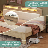 Lit double 160x200 cm en bois avec sommier, tête de lit avec LED intégrées, dossier rembourré en tissu côtelé beige et espace de rangement pratique (matelas non inclus)