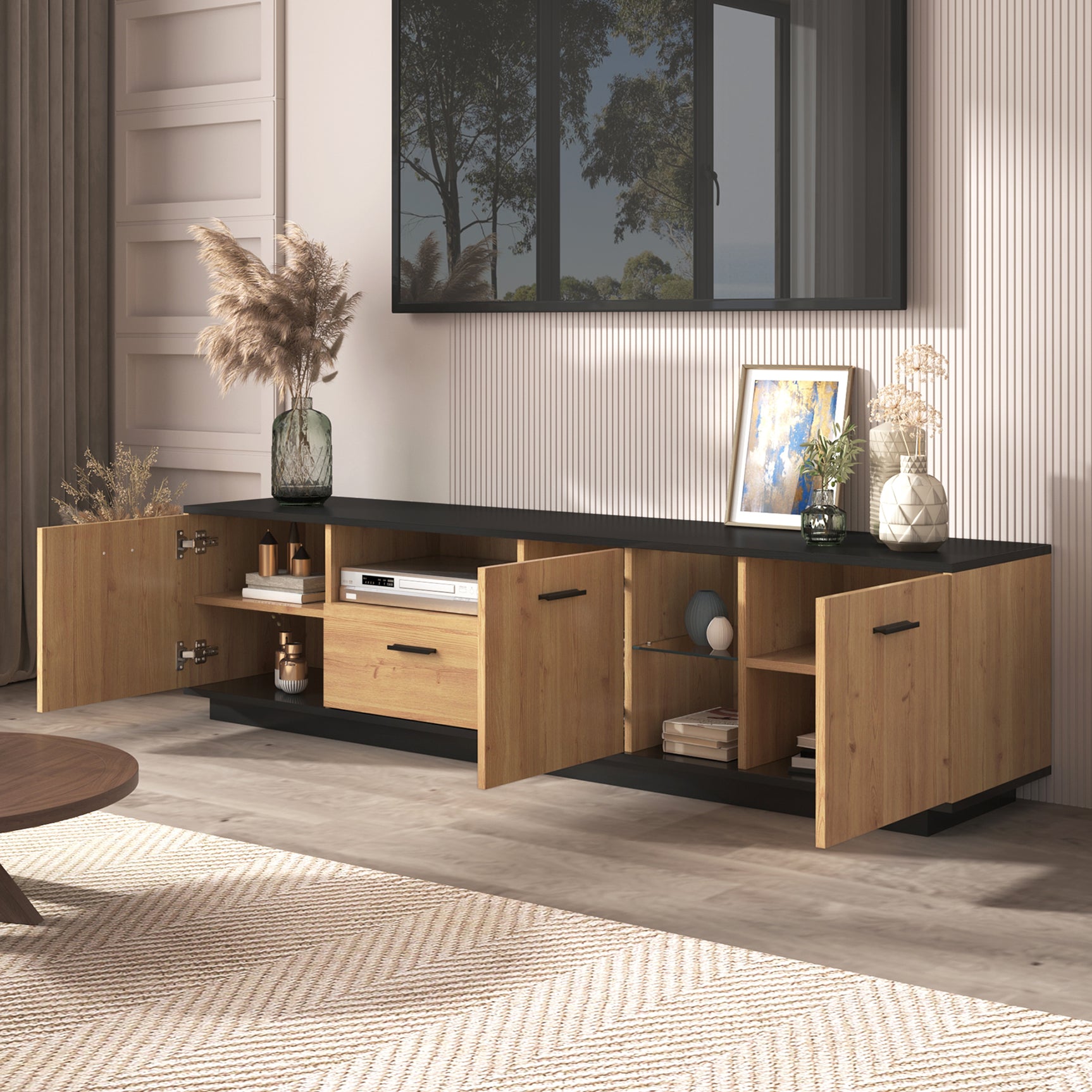Meuble TV avec tiroir, 3 portes, 2 niches en verre et éclairage LED, noir et bois naturel