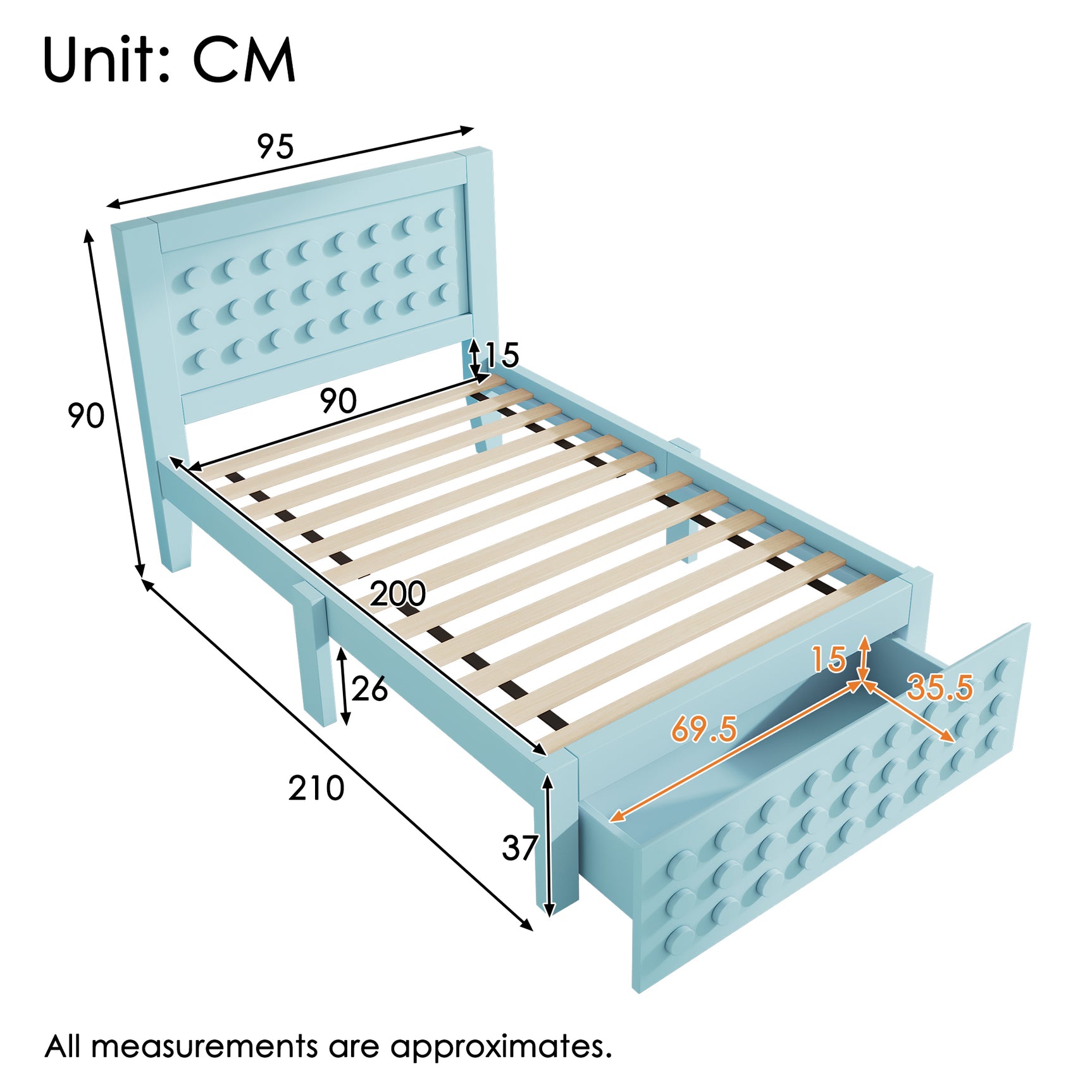Blaues Bett Blau 90x200 cm mit Lagerschublade und kreatives Design in Blöcken, fester Holzrahmen
