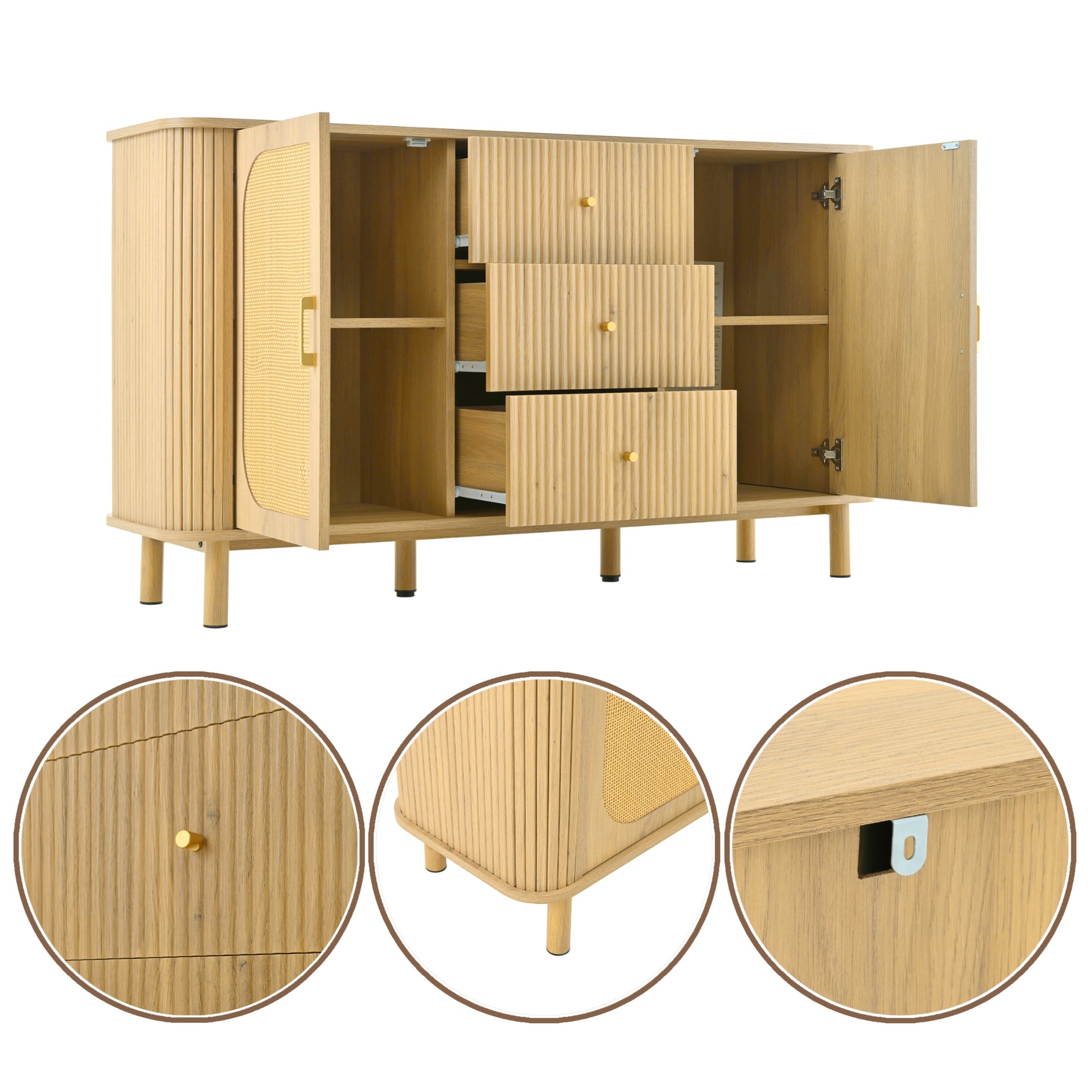 Oak caning buffet with 3 drawers, 2 doors, adjustable shelves and anti-breeching device-120 × 40 × 74 cm