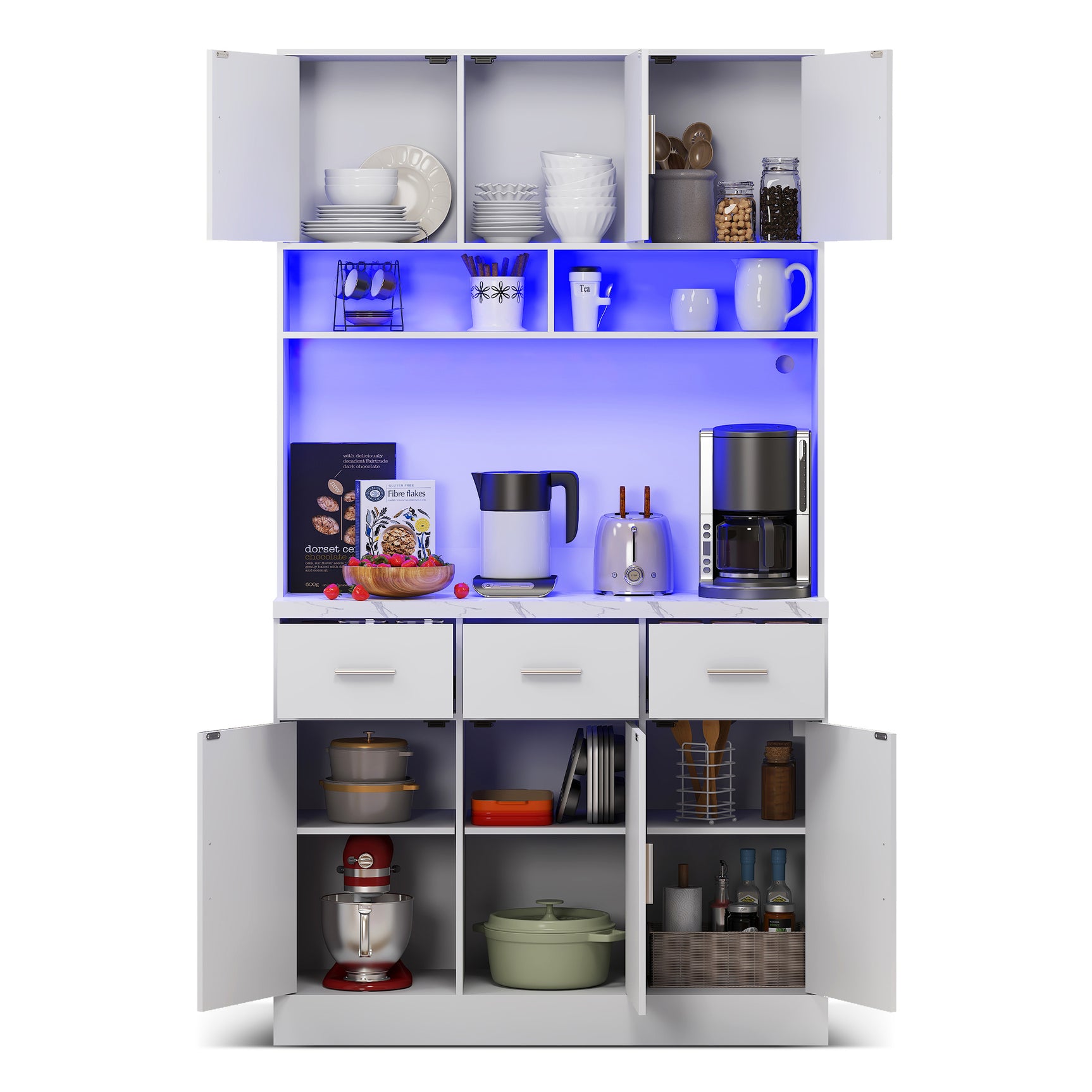 100x40x180 cm Multifunktions -Küchenbuffet in weißem MDF mit Fernbedienungs -LEDs, elektrischen Steckdosen, USB -Anschlüssen, Schubladen und einstellbaren Regalen