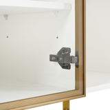 Buffet moderne 4 portes blanc avec verre trempé et pieds en métal doré, design minimaliste avec grand espace de rangement