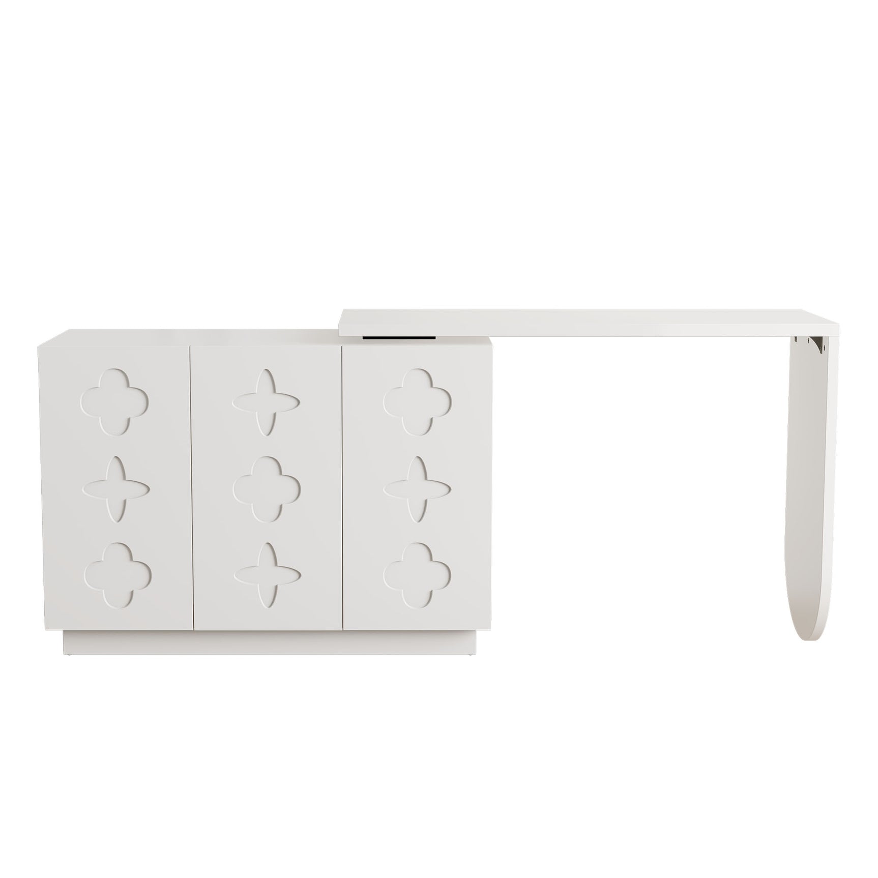 Bureau d'angle pivotant en L blanc de 110 cm, avec 3 placards de rangement, portes à fermeture douce et étagères réglables, idéal pour un bureau ou un studio de beauté