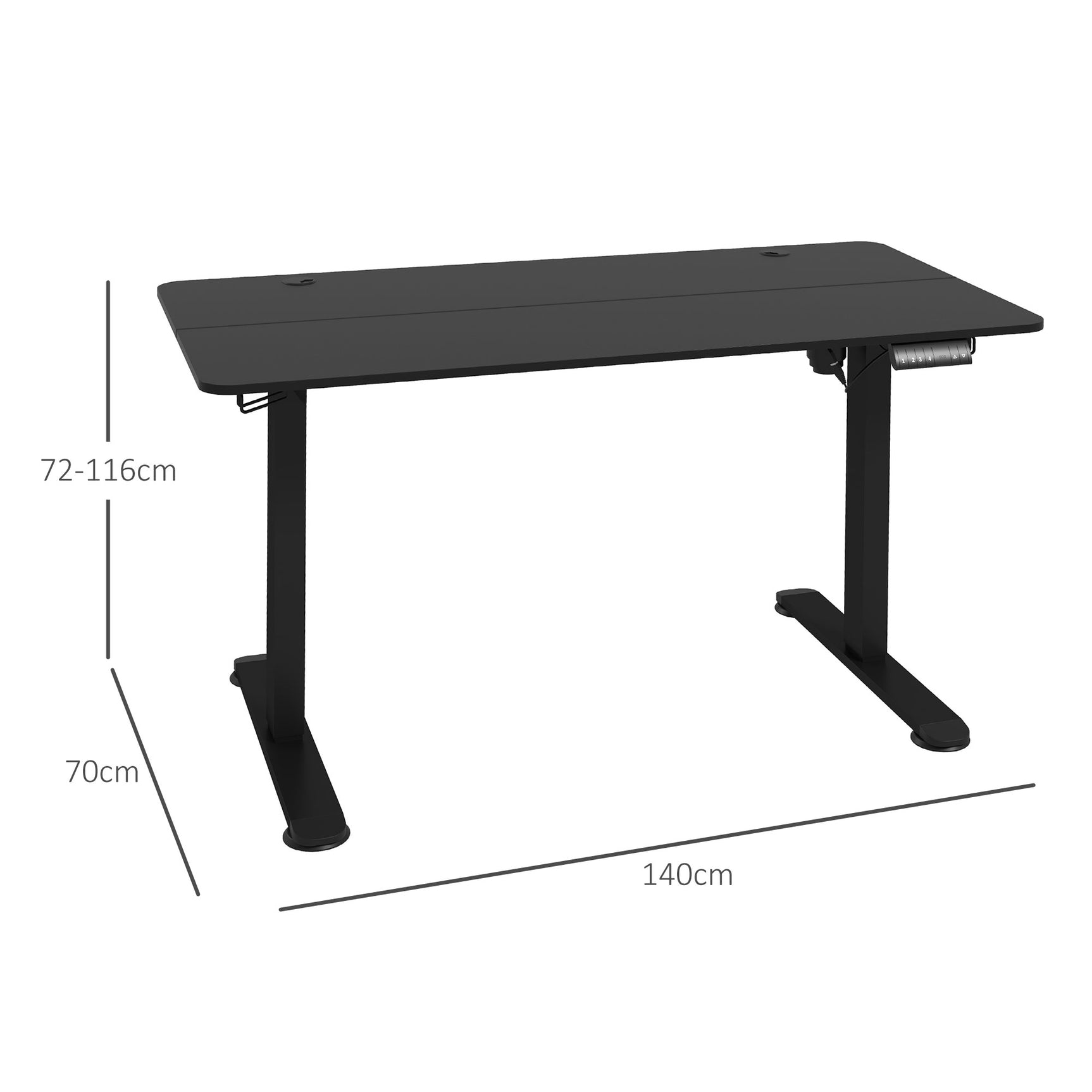 Table de bureau électrique réglable en hauteur 140x70x72-116 cm Steh-Sitz Schreibtisch avec anti-collision, stockage et cadre en acier noir