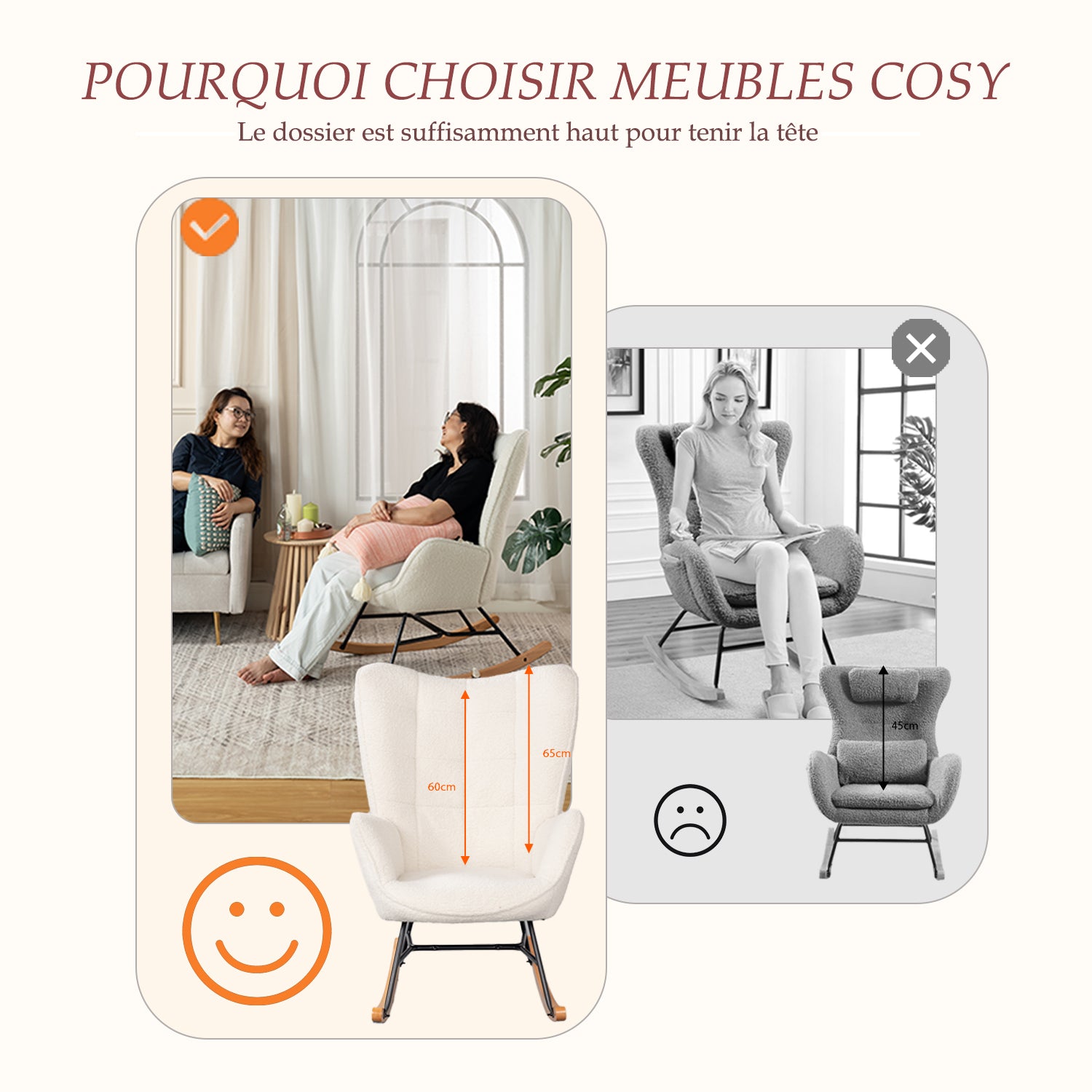 Fauteuil à bascule allaitement scandinave avec accoudoirs en tissu mouton bouclette beige à surpiqûres - FUNKEL