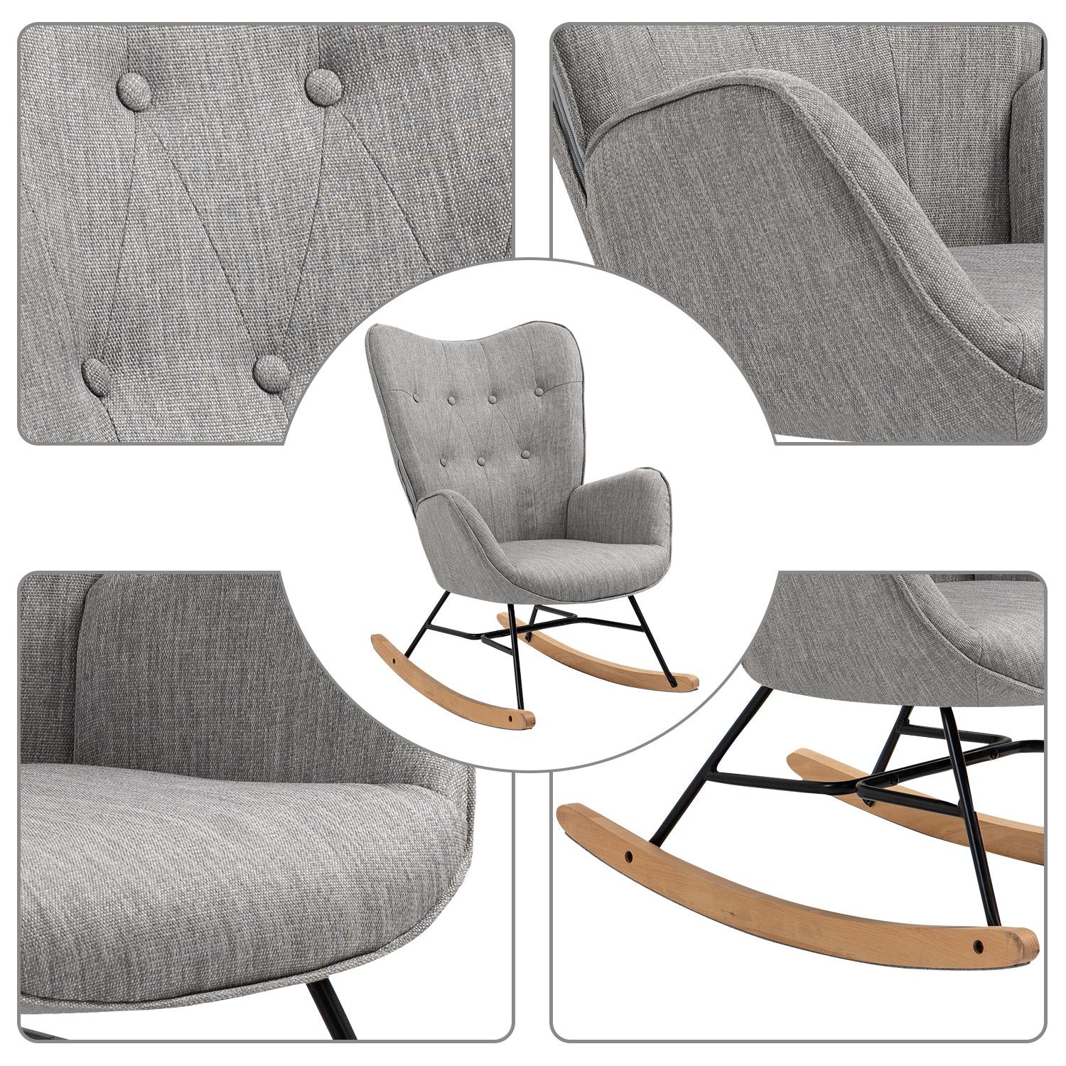 Fauteuil à bascule allaitement scandinave avec accoudoirs en tissu gris capitonné - EPPING